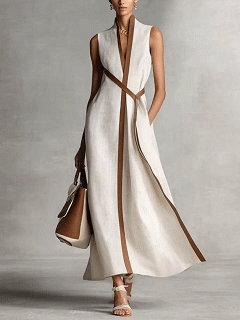 Daily White Colorblock Stand-Up Collar Pocket Boho Contrast Linen Maxi Dresses - Nordfashionstorm - Women's Clothing, Fashion for You - Nordfashionstorm.com