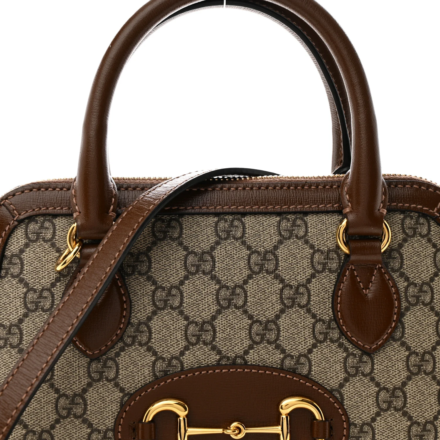 GG Supreme Monogram Azalea Calfskin Small Horsebit 1955 Top Handle Bag Beige Ebony Brown Sugar - Top Club