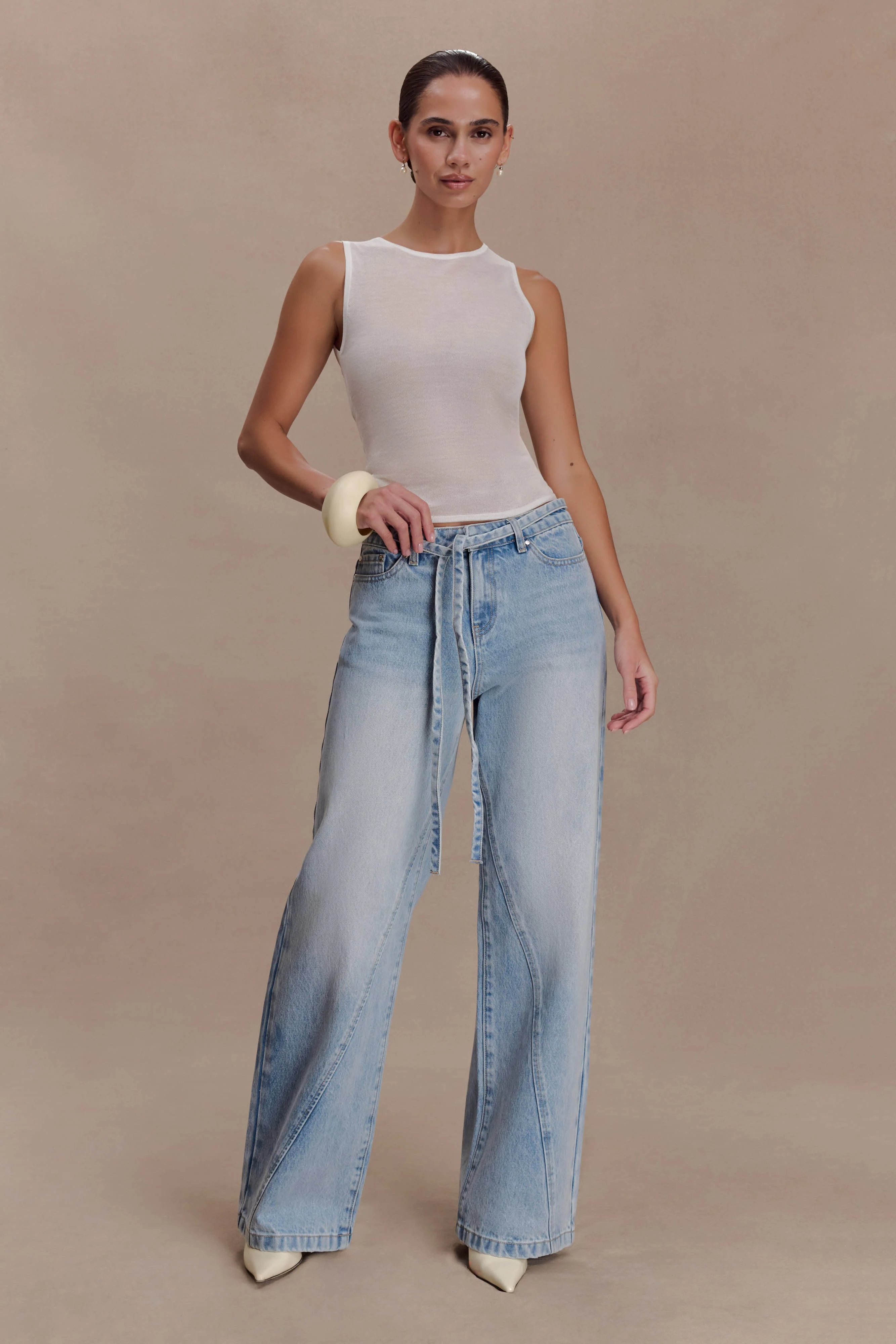 Perrie Mid Rise Straight Leg Tie Jeans - Washed Light Blue