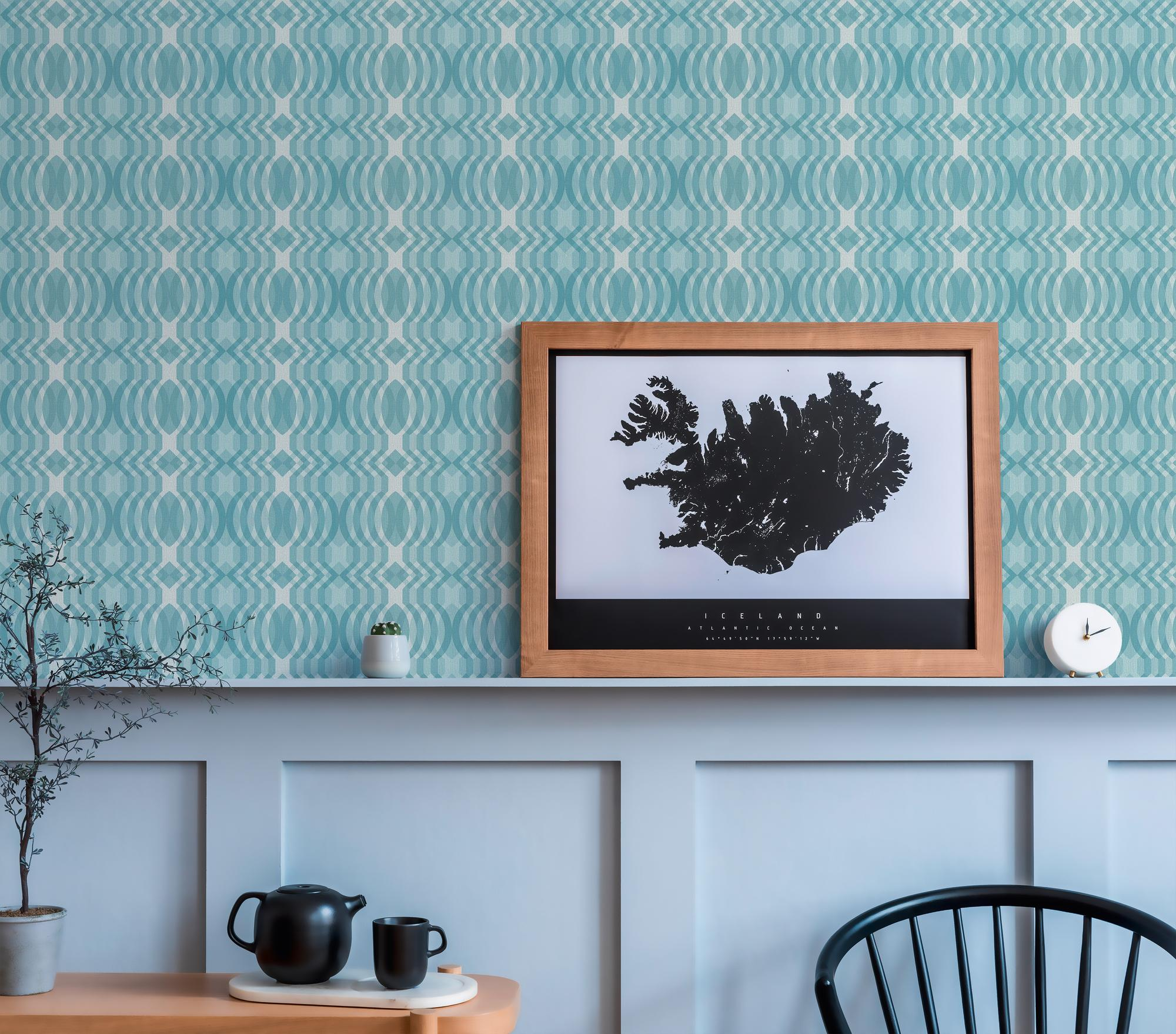 Retro behang met een geometrisch patroon - blauw, crème, wit #1