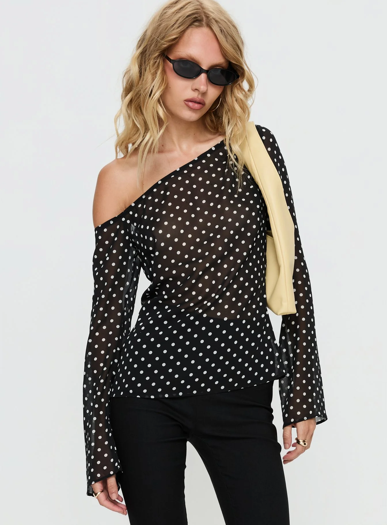 Shiona Sheer One Shoulder Long Sleeve Top Black Polka