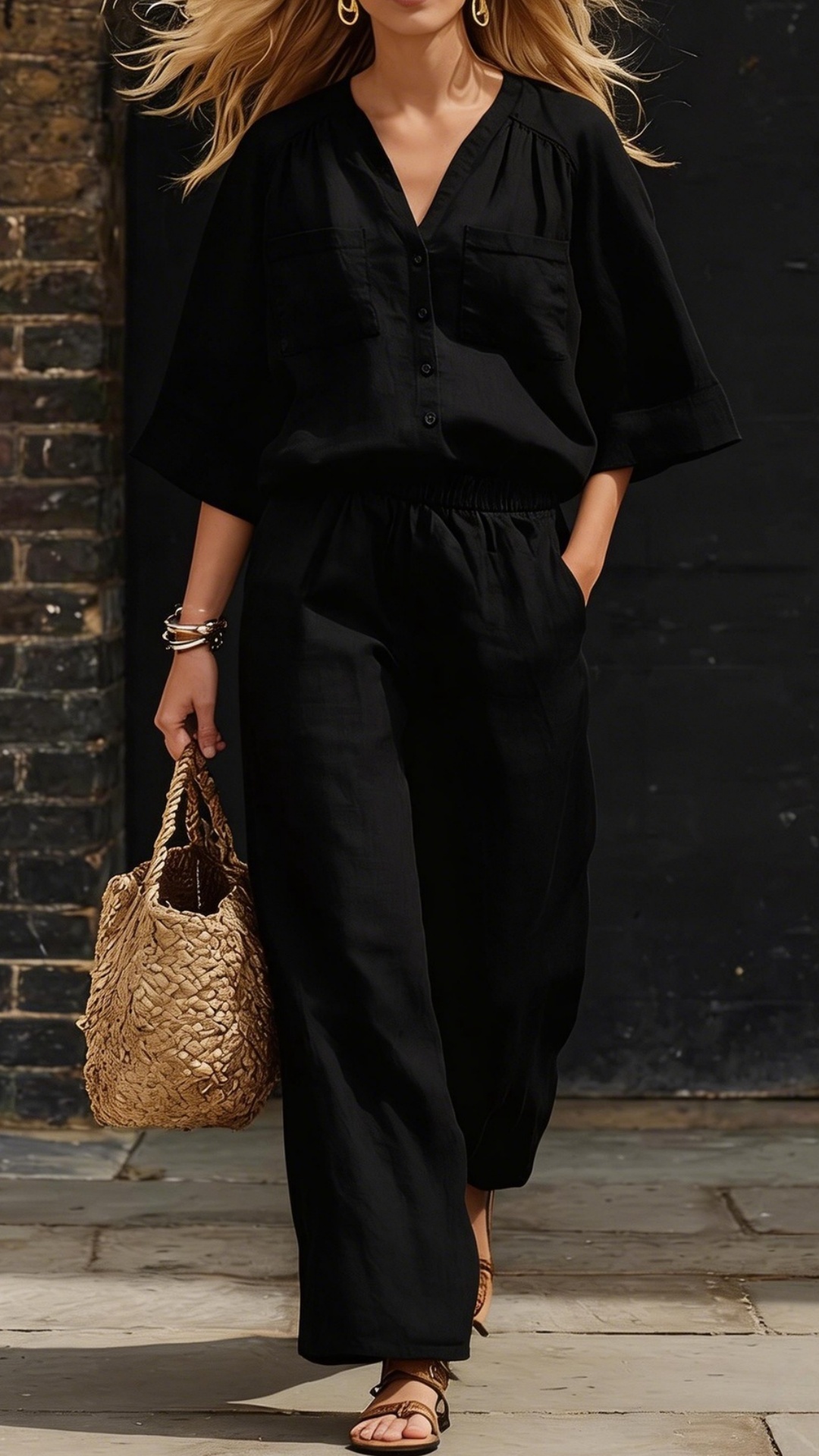 Women's Simple Linen Two-Piece Set: Button-Up Top and Wide-Leg Pants - Nordfashionstorm - Women's Clothing, Fashion for You - Nordfashionstorm.com