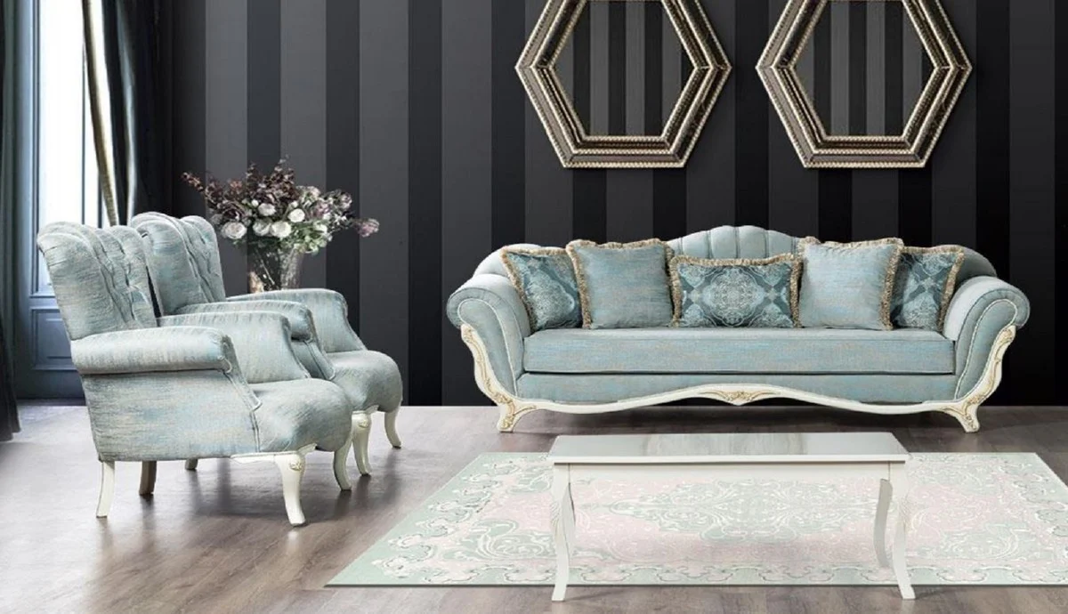 Luxury Baroque Living Room Set Turquoise / White / Gold - 2 Baroque Sofas & 2 Baroque Armchairs & 1 Baroque Coffee Table - Baroque Living Room Furniture