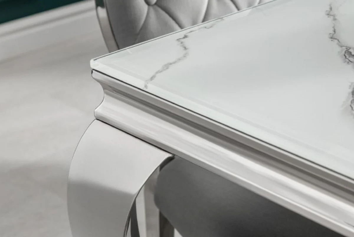 Designer dining table white / gray / silver 200 x 105 x H. 75 cm - Rectangular stainless steel kitchen table with digitally printed safety glass in a marble look - Modern baroque furniture