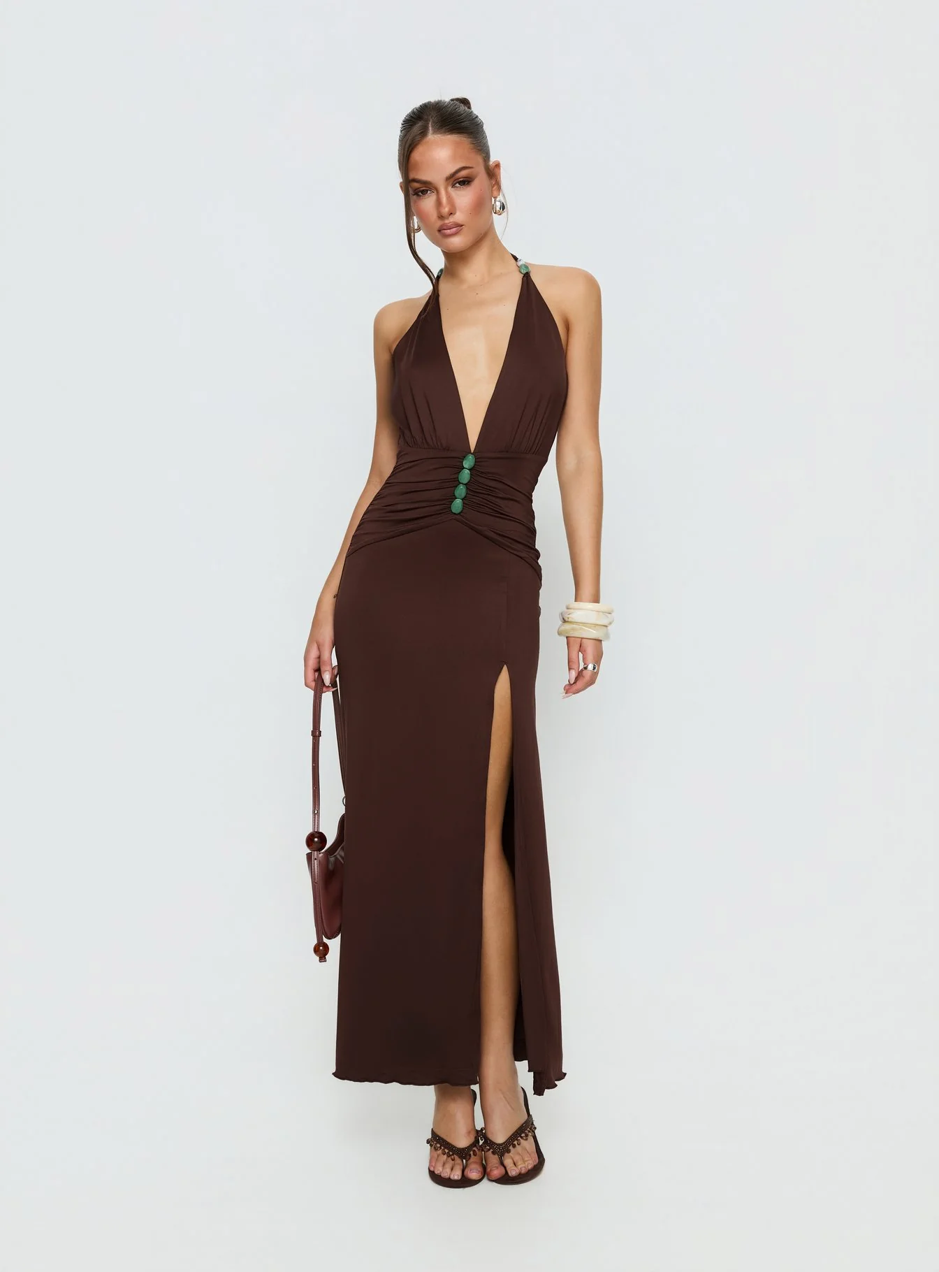 Sasami Halter Plunge Maxi Dress Chocolatae