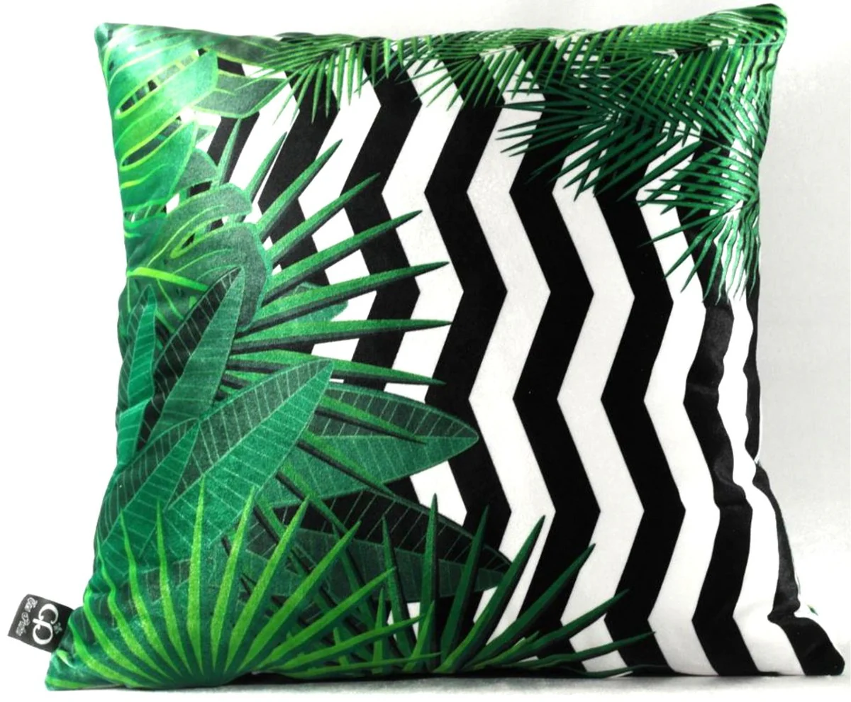 Luxury cushion Orlando Palm Leaves black / white / green 45 x 45 cm - finest velvet fabric - decorative living room cushion