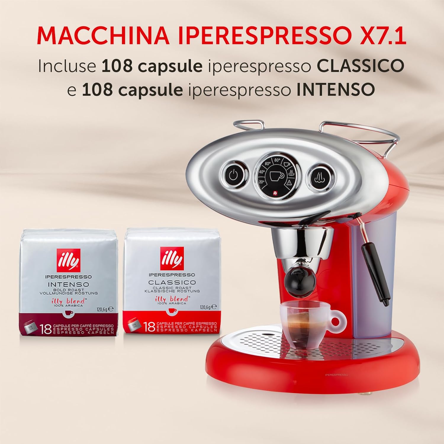 illy Caffè Macchina per Caffè Iperespresso X7.1 di Colore Rosso con 216 Capsule Iperespresso (108 Capsule Iperespesso CLASSICO e 108 Capsule Iperespesso INTENSO)