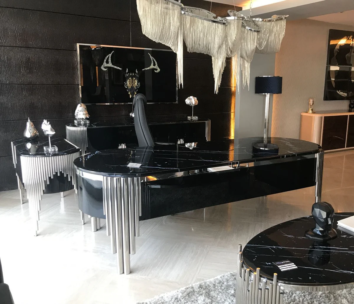 Luxury chest of drawers with 2 drawers and faux marble top black / silver - luxury furniture