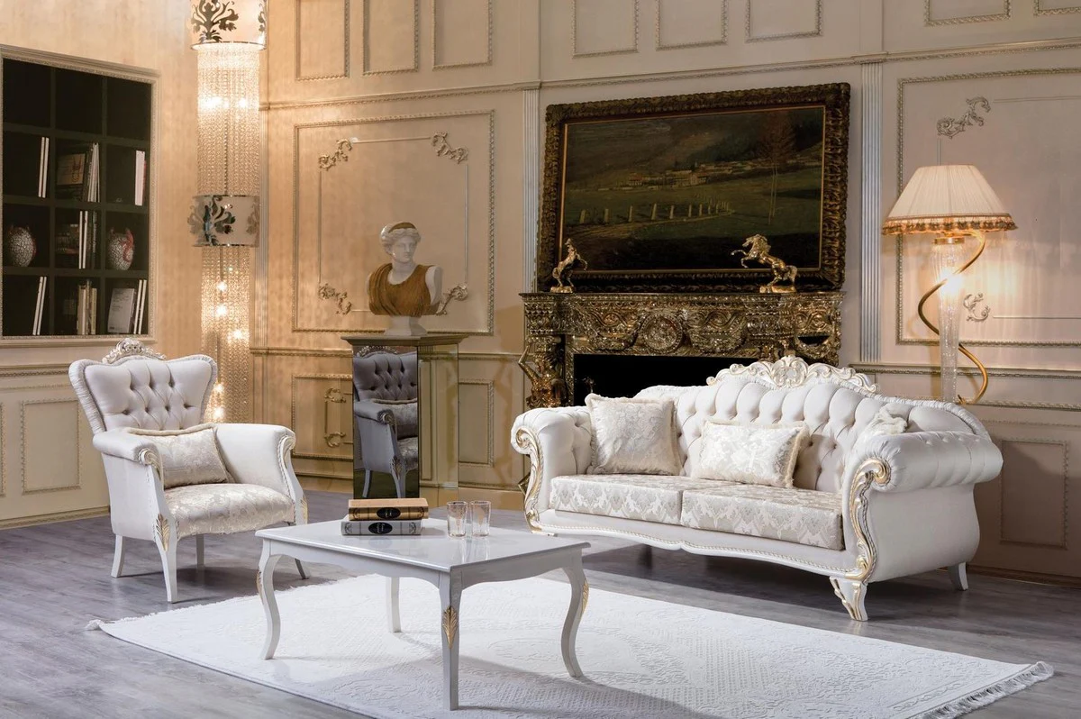 Luxury baroque coffee table white / gold 110 x 77 x H. 45 cm - solid wood living room table in baroque style - baroque furniture