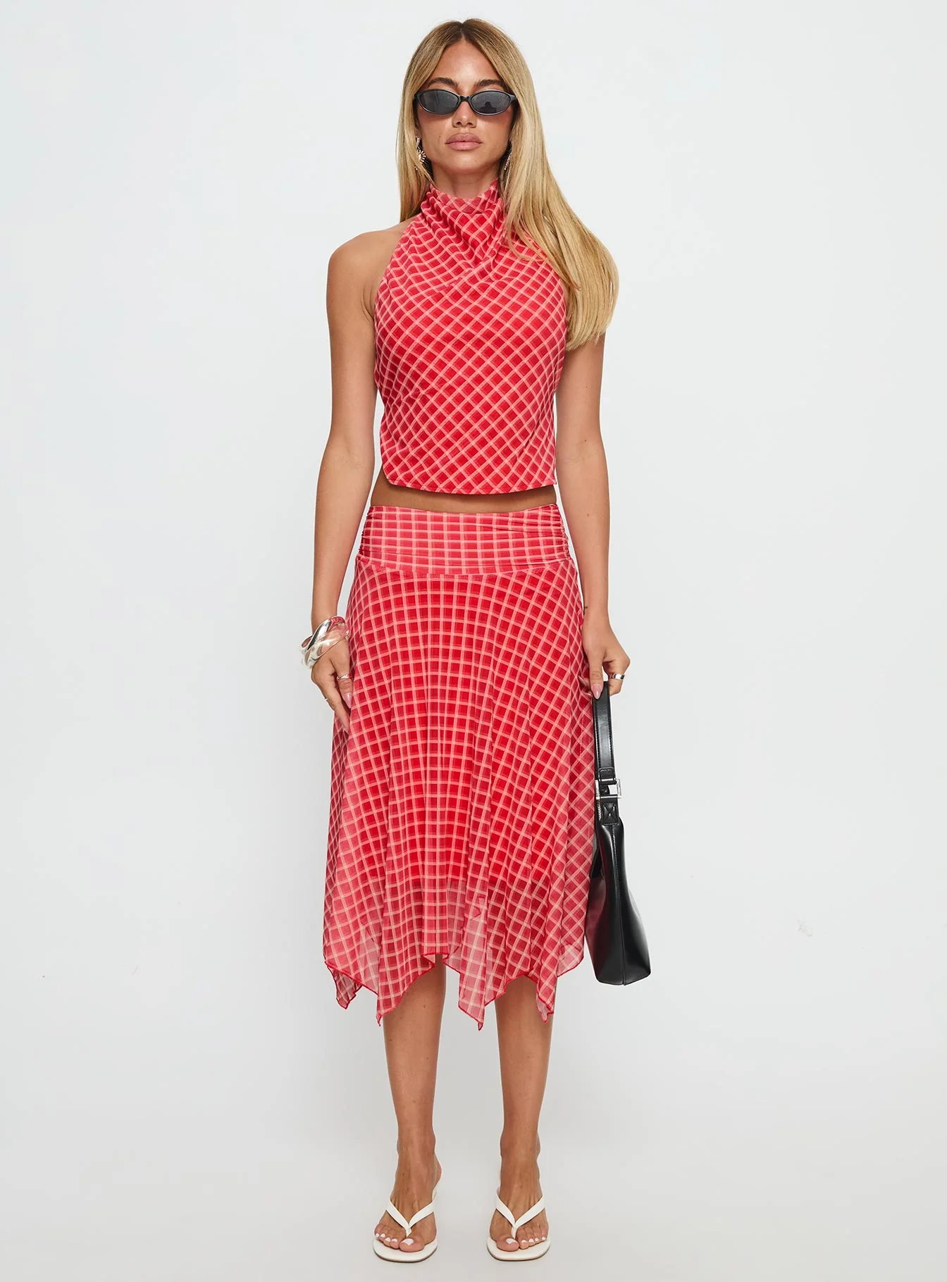 Scenic Route Asymmetrical Midi Skirt Red Check