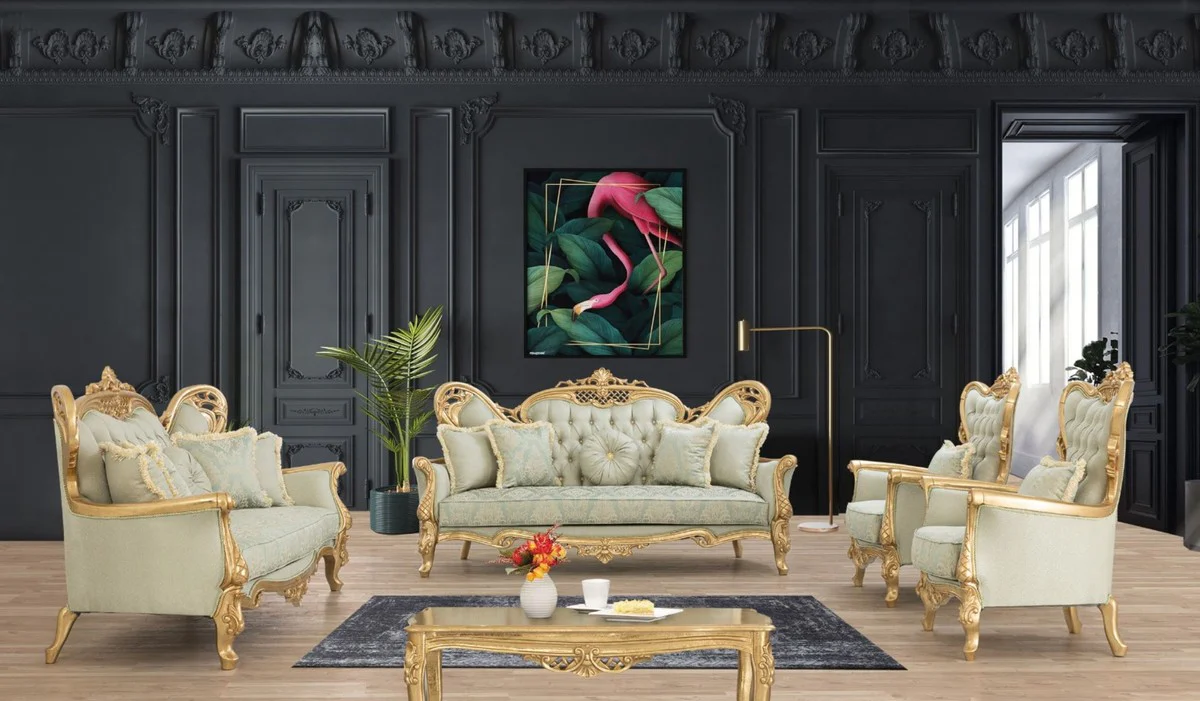 Luxury Baroque Living Room Set Light Green / Gold - 2 Sofas & 2 Armchairs & 1 Coffee Table - Handmade Baroque Living Room Furniture - Noble & Magnificent