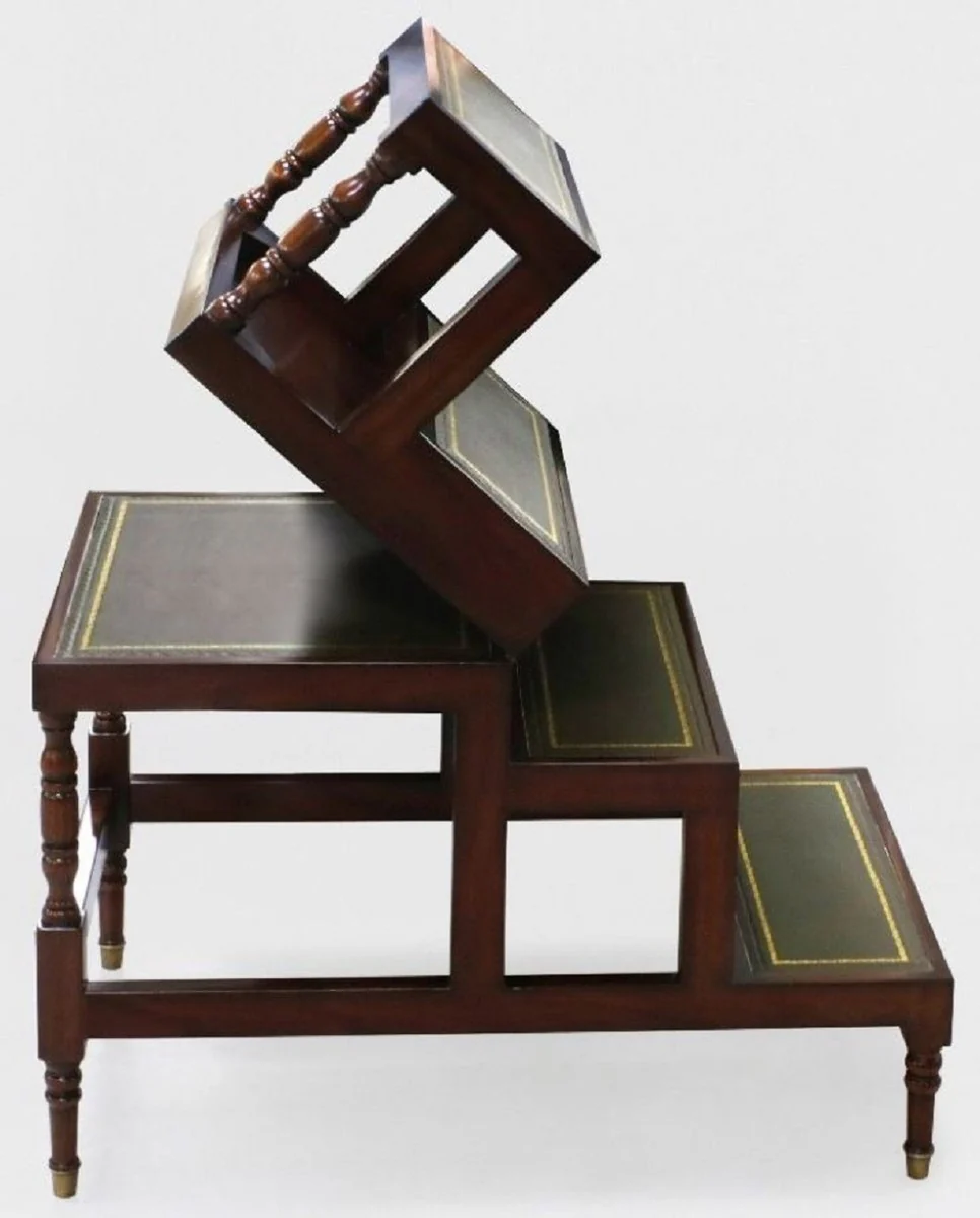 Luxury Art Nouveau coffee table dark brown / green / gold - fold-out solid wood library stairs with real leather - Art Nouveau living room furniture - noble & magnificent
