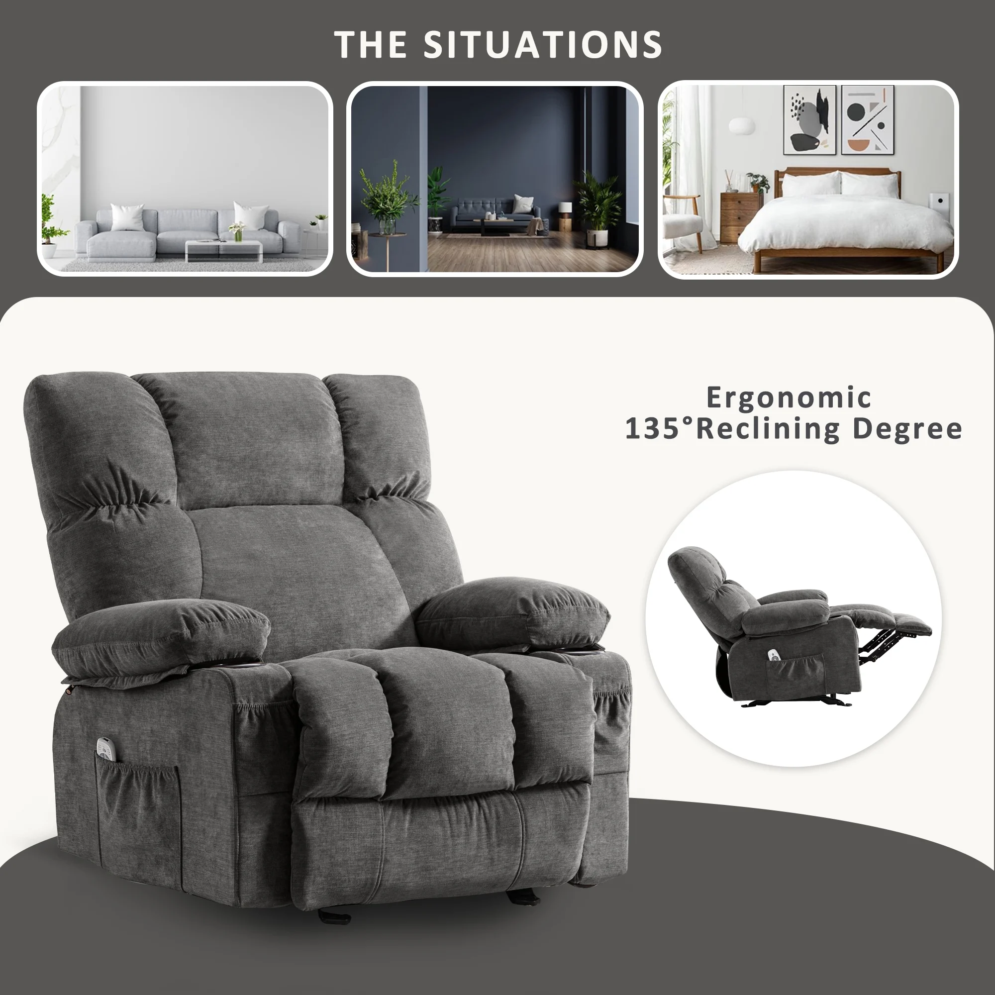 JONPONY Manual Recliner Chair with Heat Therapy and Massage Function, Heavy Duty Reclining Mechanism Massage Chair, Elderly Single Rocker Sofa with Cup Holders for Bedroom Home Theater, Grey