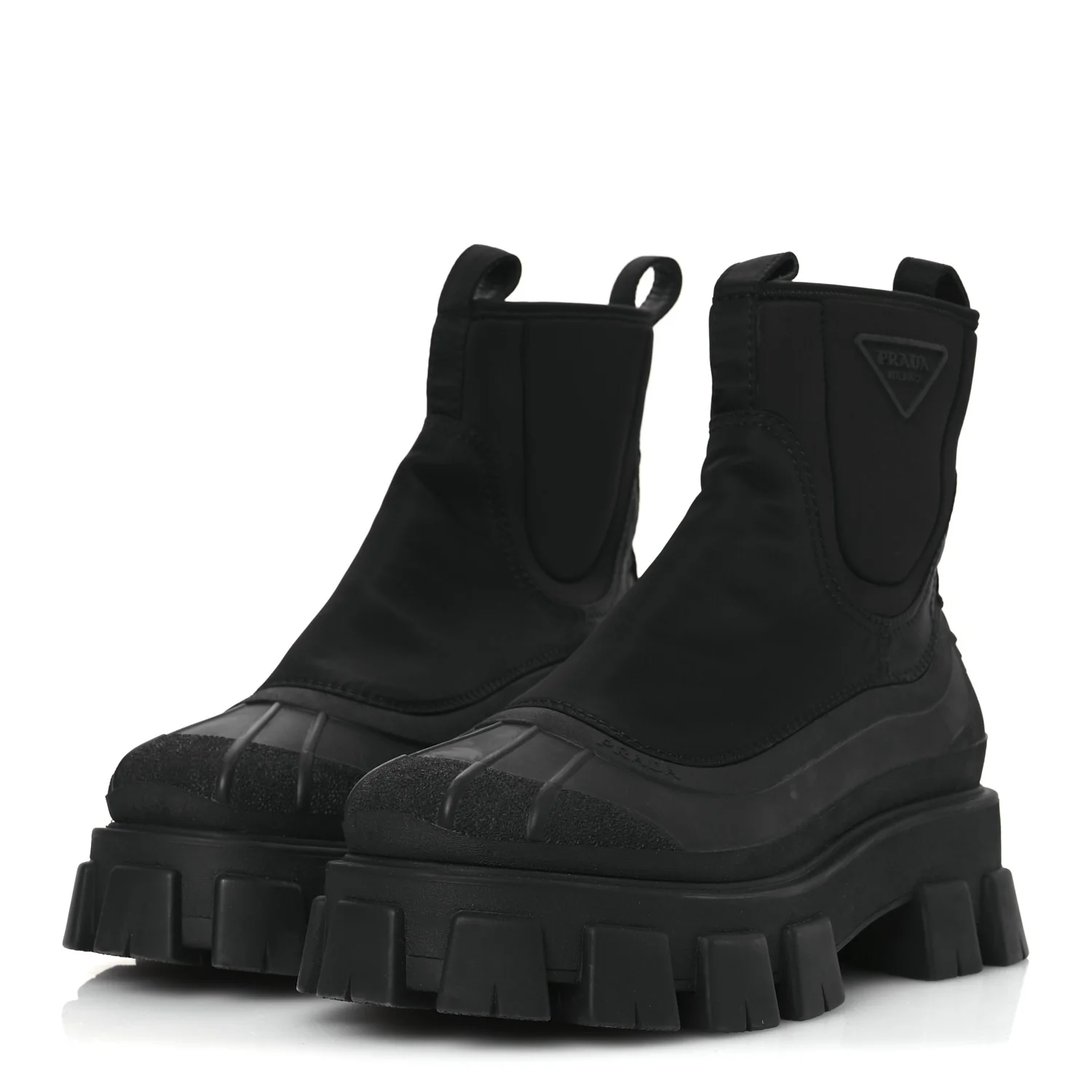 Re-Nylon Gabardine Rubber Triangle Logo Womens Monolith 55mm Ankle Boots 38 Black - Top Club
