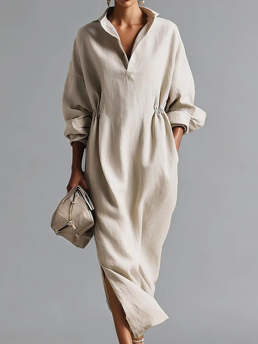 Women's Solid Color Lapel Long-sleeved Casual Loose Cotton Dress - Nordfashionstorm - Women's Clothing, Fashion for You - Nordfashionstorm.com