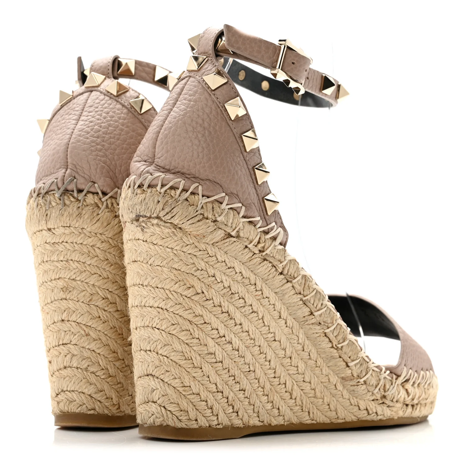 Grained Calfskin Rockstud Ankle Strap Espadrille 15/105mm Wedge Sandals 35 Rose Quartz Natural - Top Club