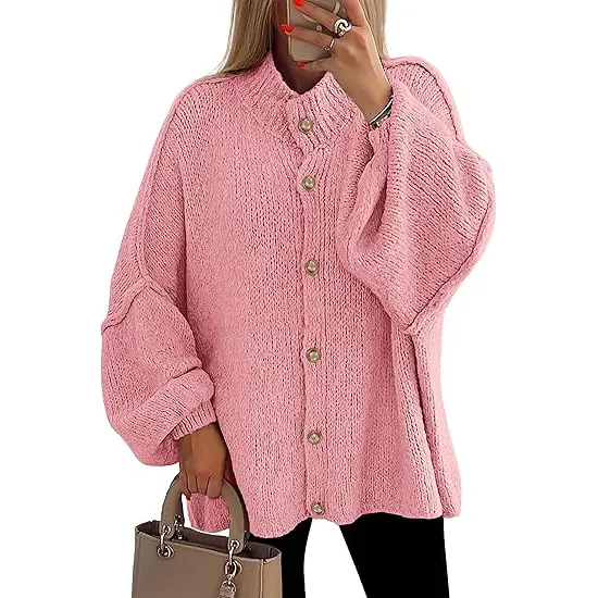 PrettyGarden Women's Winter Button Down Cardigan Sweaters Mock Neck Lantern Long Sleeve Chunky Knit Jacket Trendy Outerwear