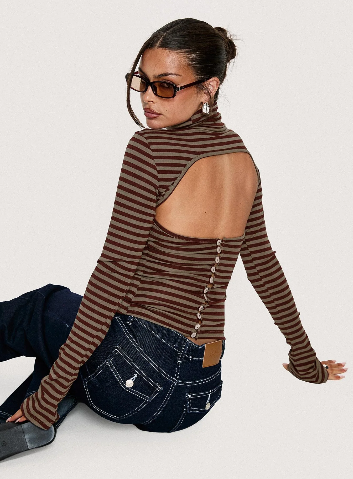 Temika Long Sleeve Backless Top Brown Stripe