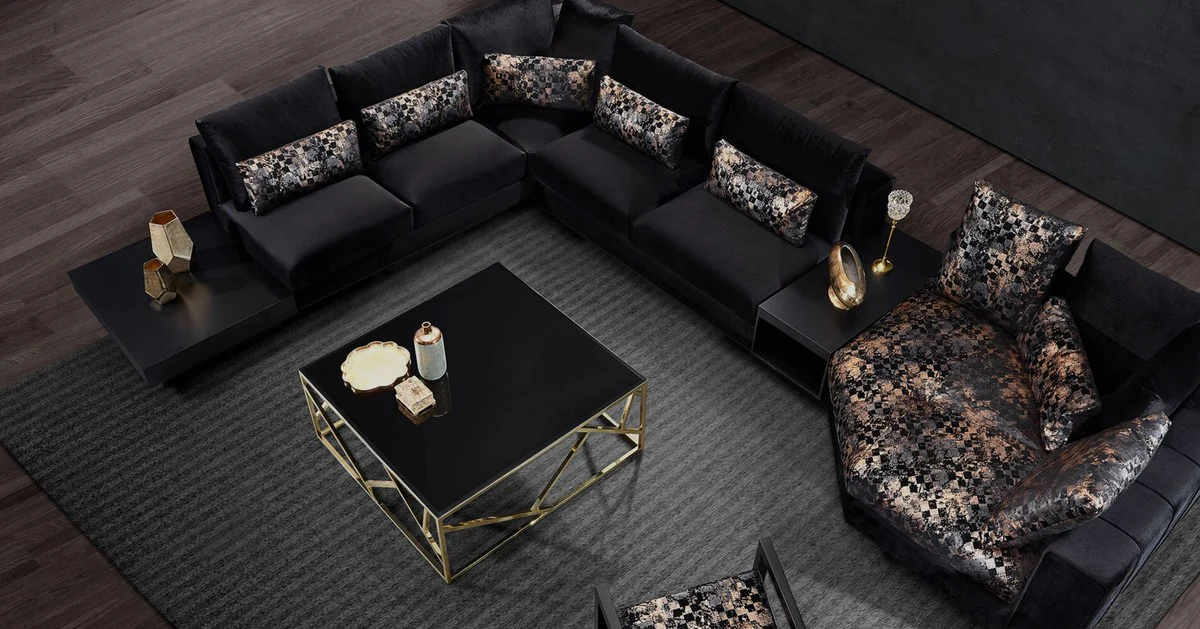 Luxury coffee table gold / black 125 x 125 x H. 43 cm - Square stainless steel living room table with glass top - Living room furniture - Luxury quality
