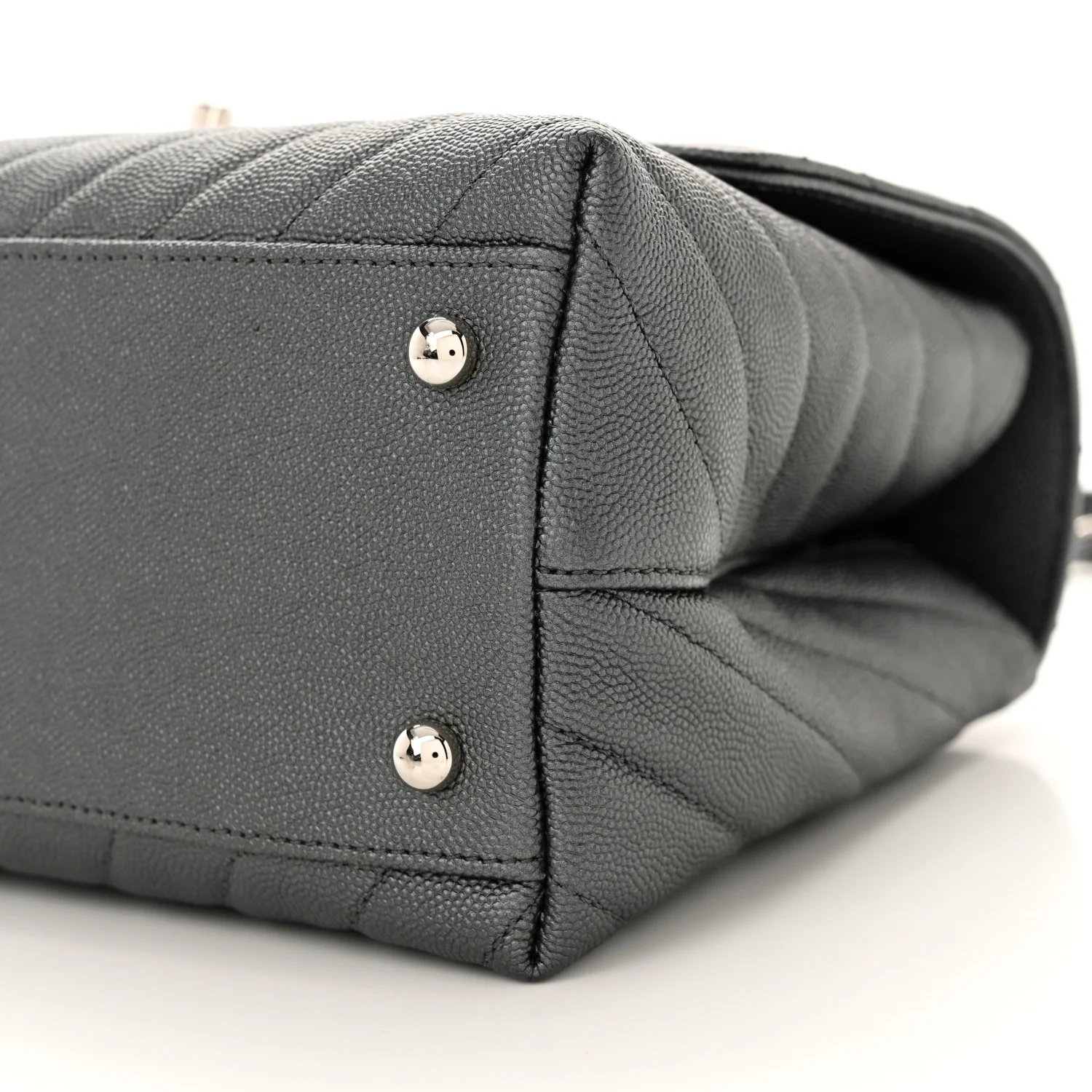 Metallic Caviar Chevron Quilted Small Coco Handle Flap Dark Silver - Top Club