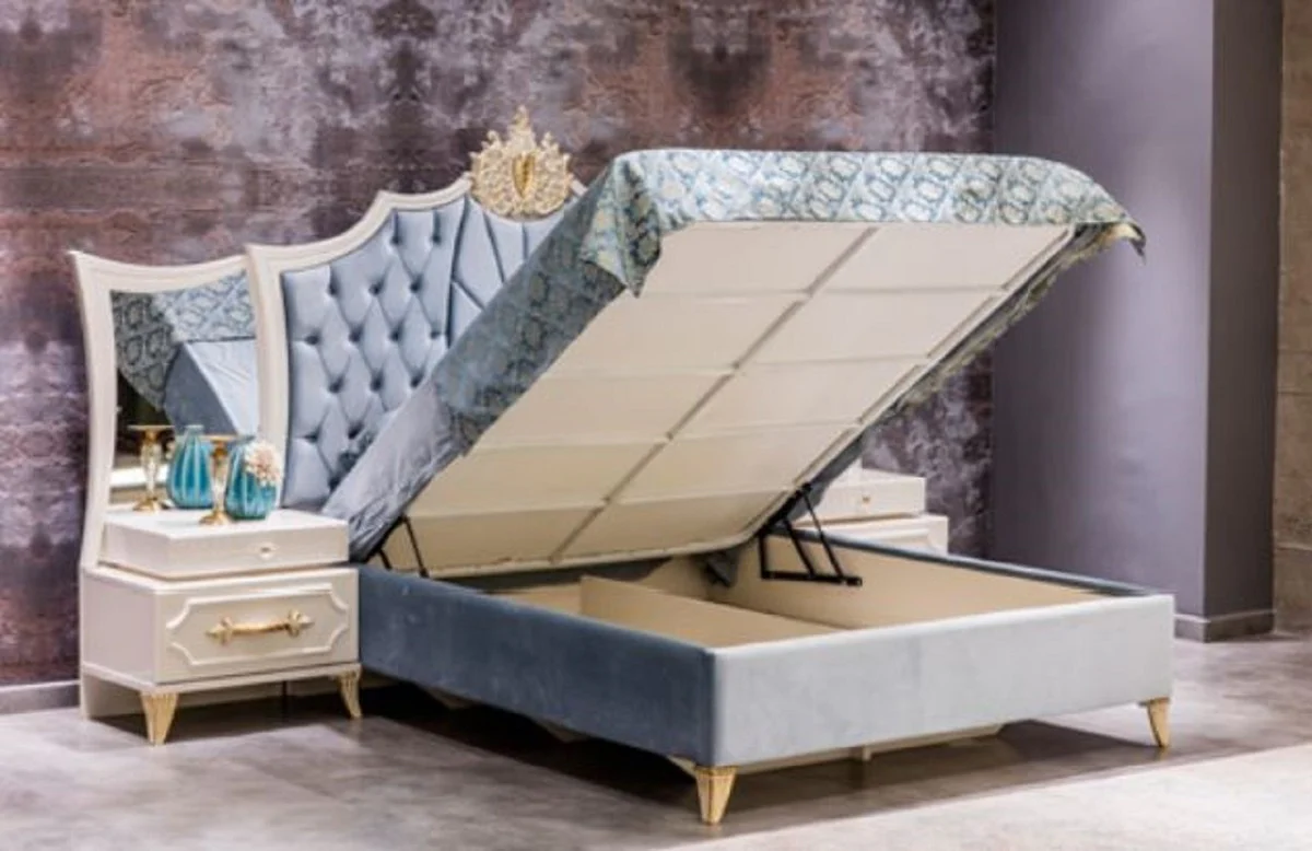 Luxury Baroque bedroom set blue / white / gold - 1 double bed with headboard & 2 bedside tables with mirror - Baroque bedroom furniture - noble & magnificent
