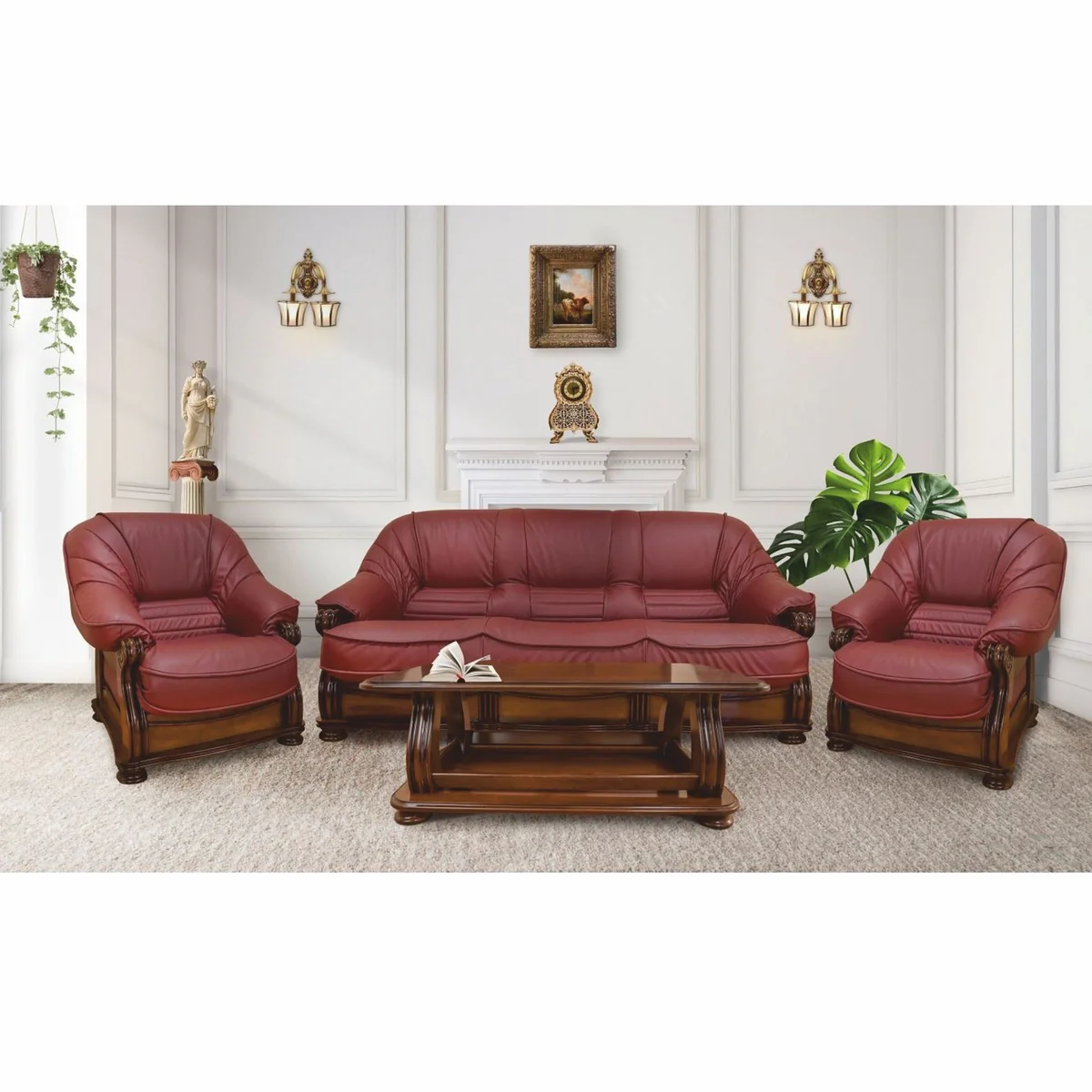Luxus Barock Leder Sofa Bordeauxrot / Braun 220 cm - Barock Möbel