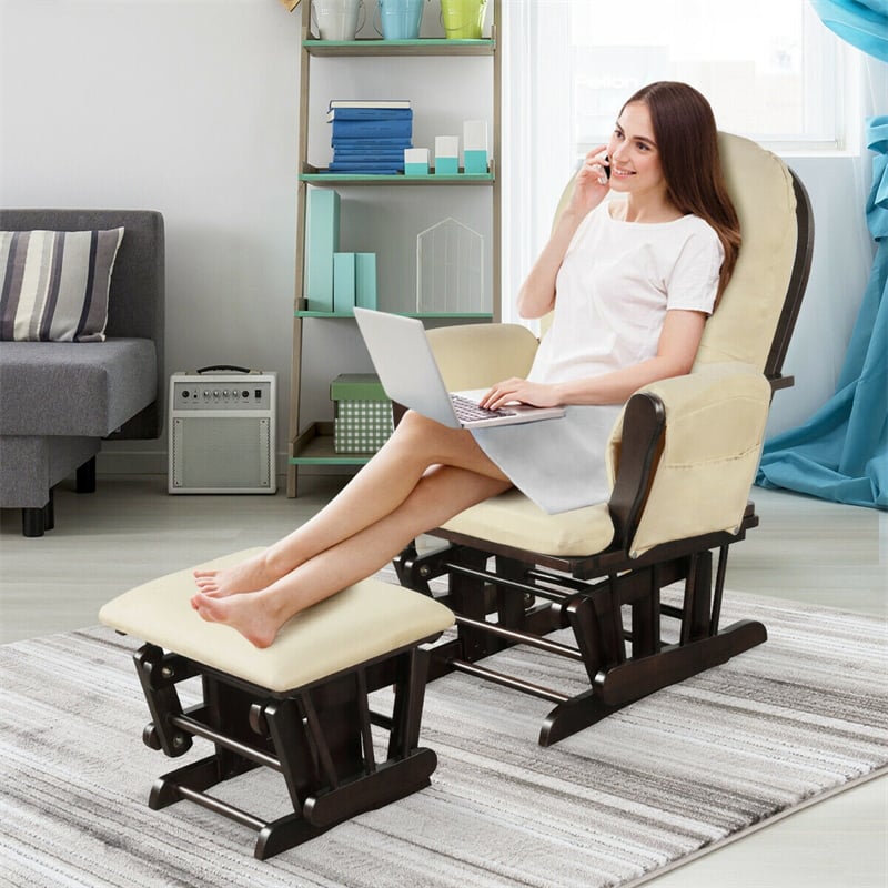 Wood Baby Glider Rocking Chair Nursery Chair with GLidi,秋千椅ng Ottoman & Storage Pocket