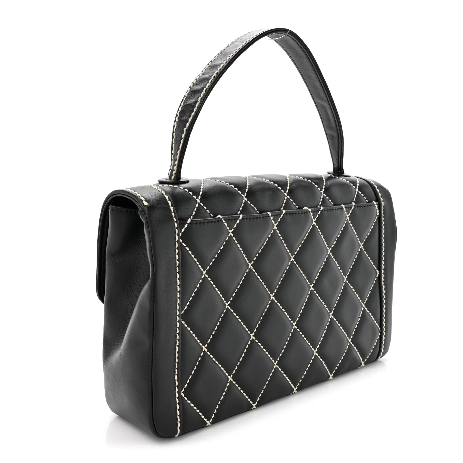 Calfskin Quilted Wild Stitch Large Top Handle Flap Black - Top Club