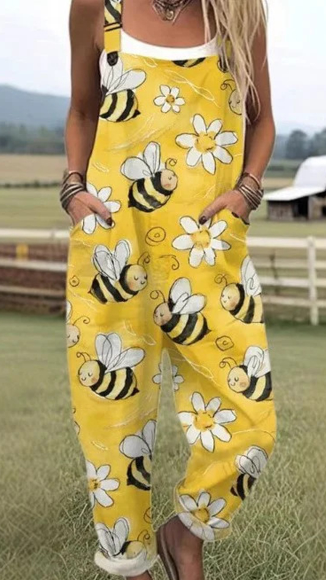 Women's Cotton-Blend Bee Print Loose Overalls - Nordfashionstorm - Women's Clothing, Fashion for You - Nordfashionstorm.com