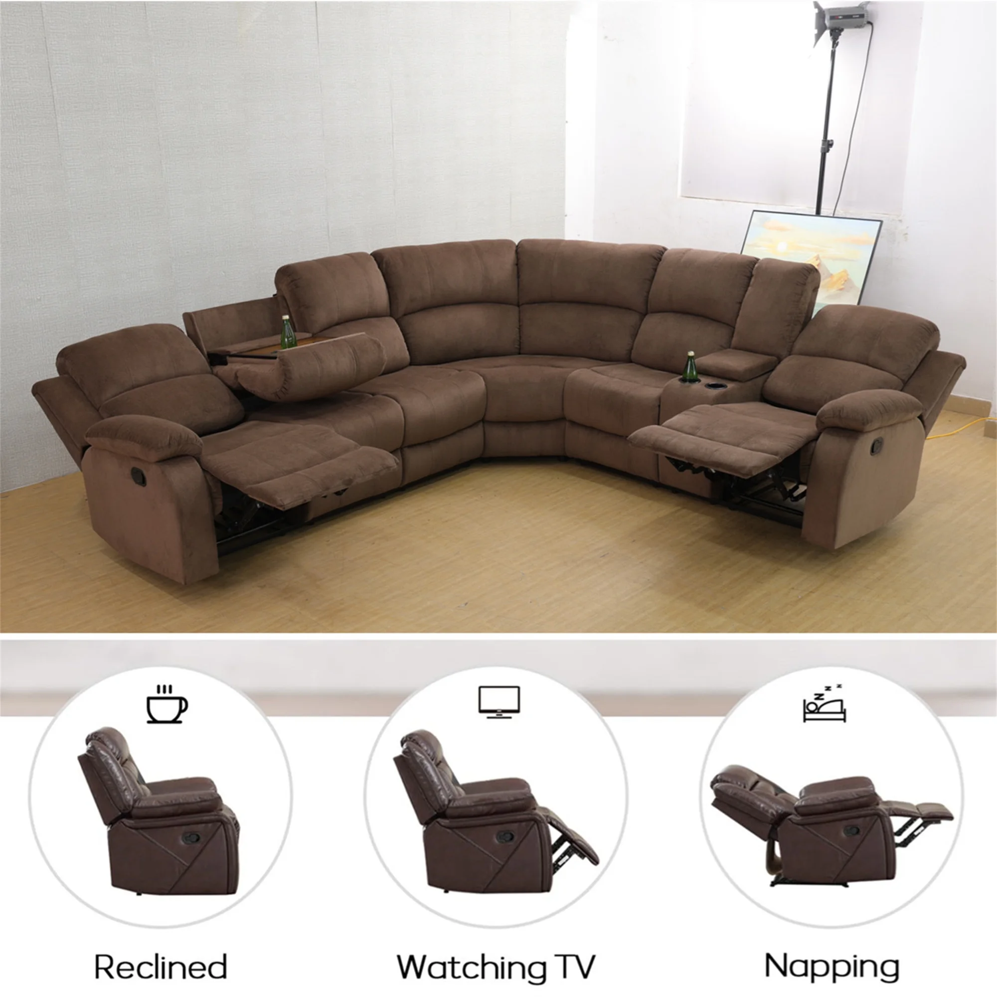 Aukfa 3 - Piece Recliner Sofa Set, 6 Seat Sectional Couch with Cup Holders&Storage Console, Gray
