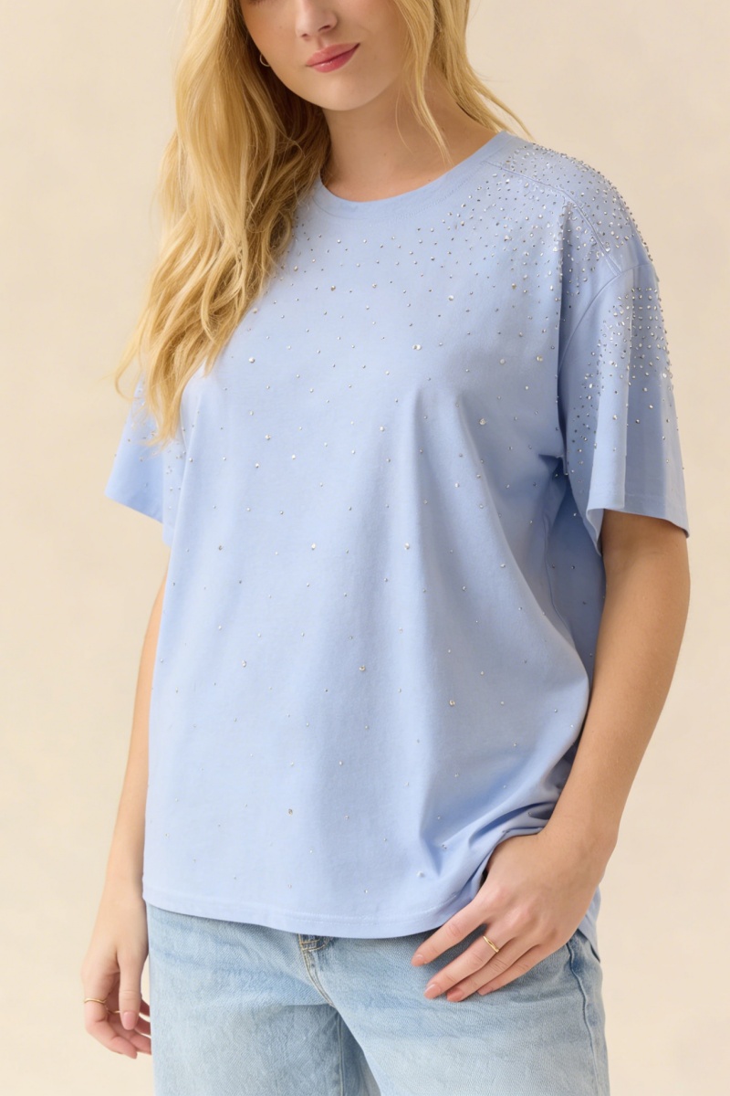 Loose-Fit T-Shirt with Shoulder Panel and Rhinestone Embellishment - Nordfashionstorm - Women's Clothing, Fashion for You - Nordfashionstorm.com