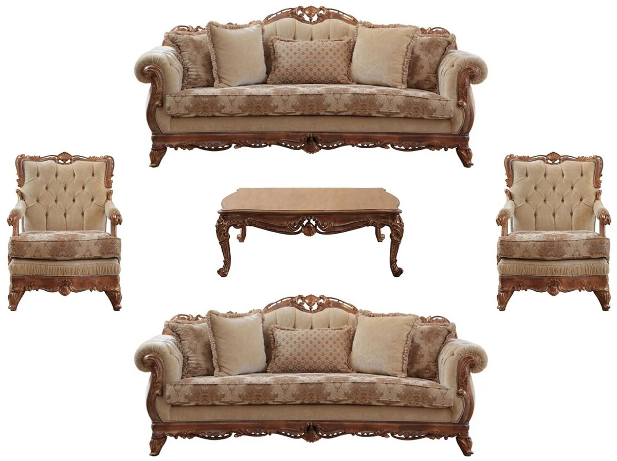 Luxury Baroque Living Room Set Beige / Brown - 2 Sofas & 2 Armchairs & 1 Coffee Table - Handcrafted Living Room Furniture in Baroque Style - Noble & Magnificent