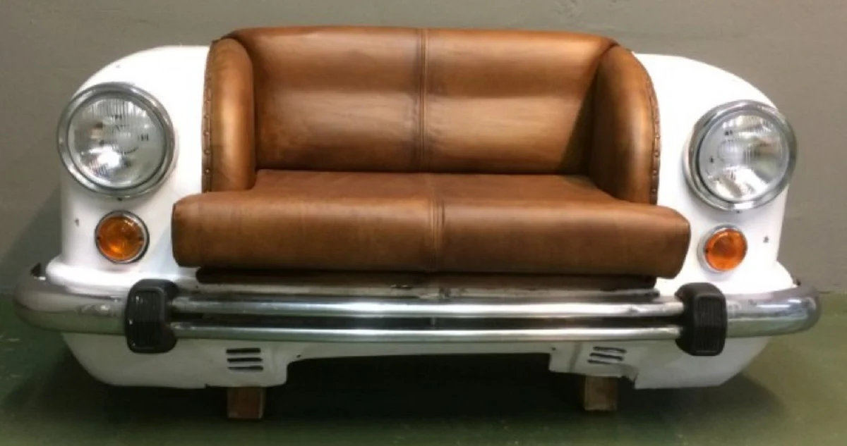 Designer car sofa cognac colors / white / silver 158 x 70 x H. 83 cm - living room sofa in car design - living room car furniture