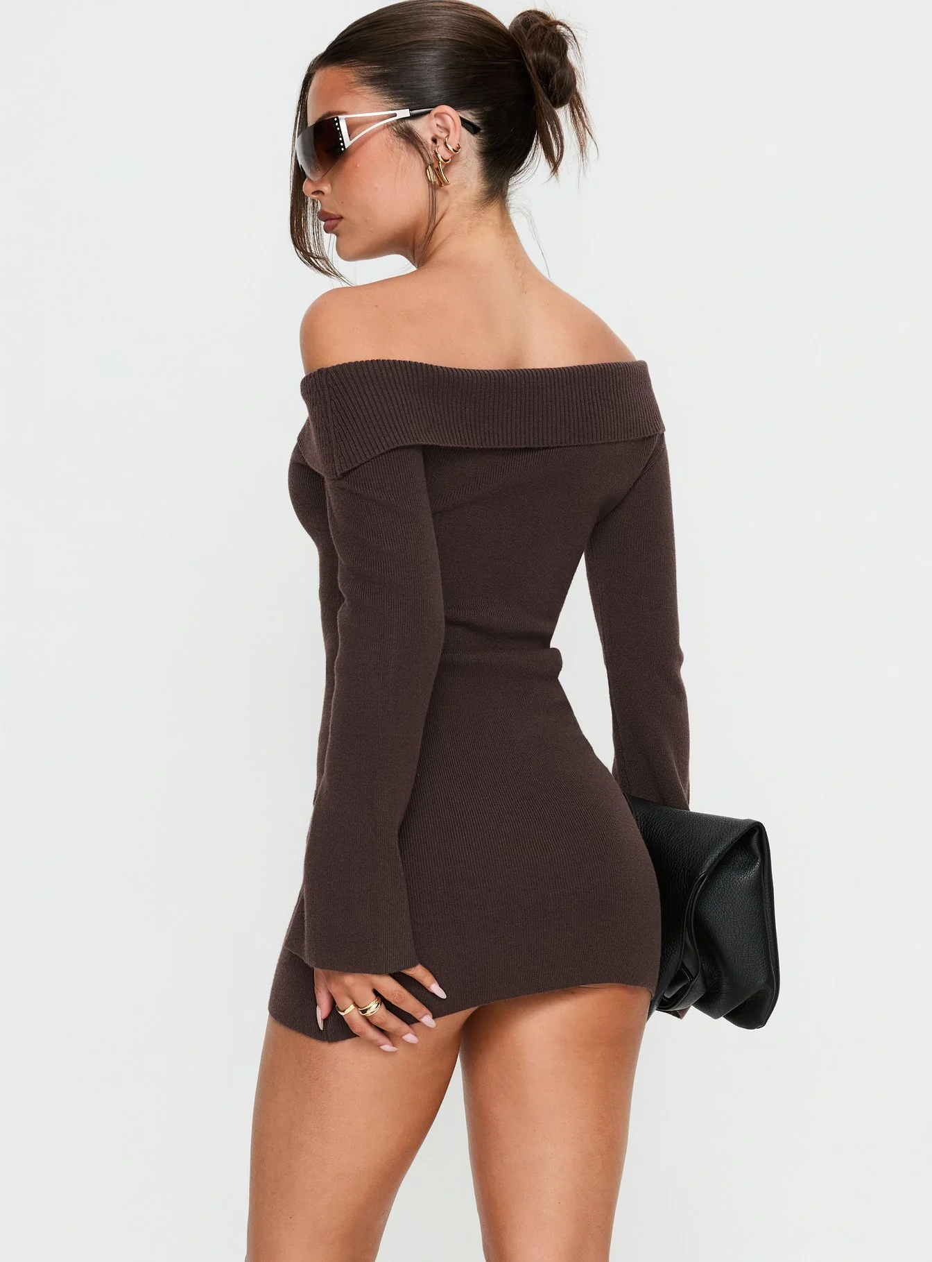 Sina Off Shoulder Mini Dress Chocolate