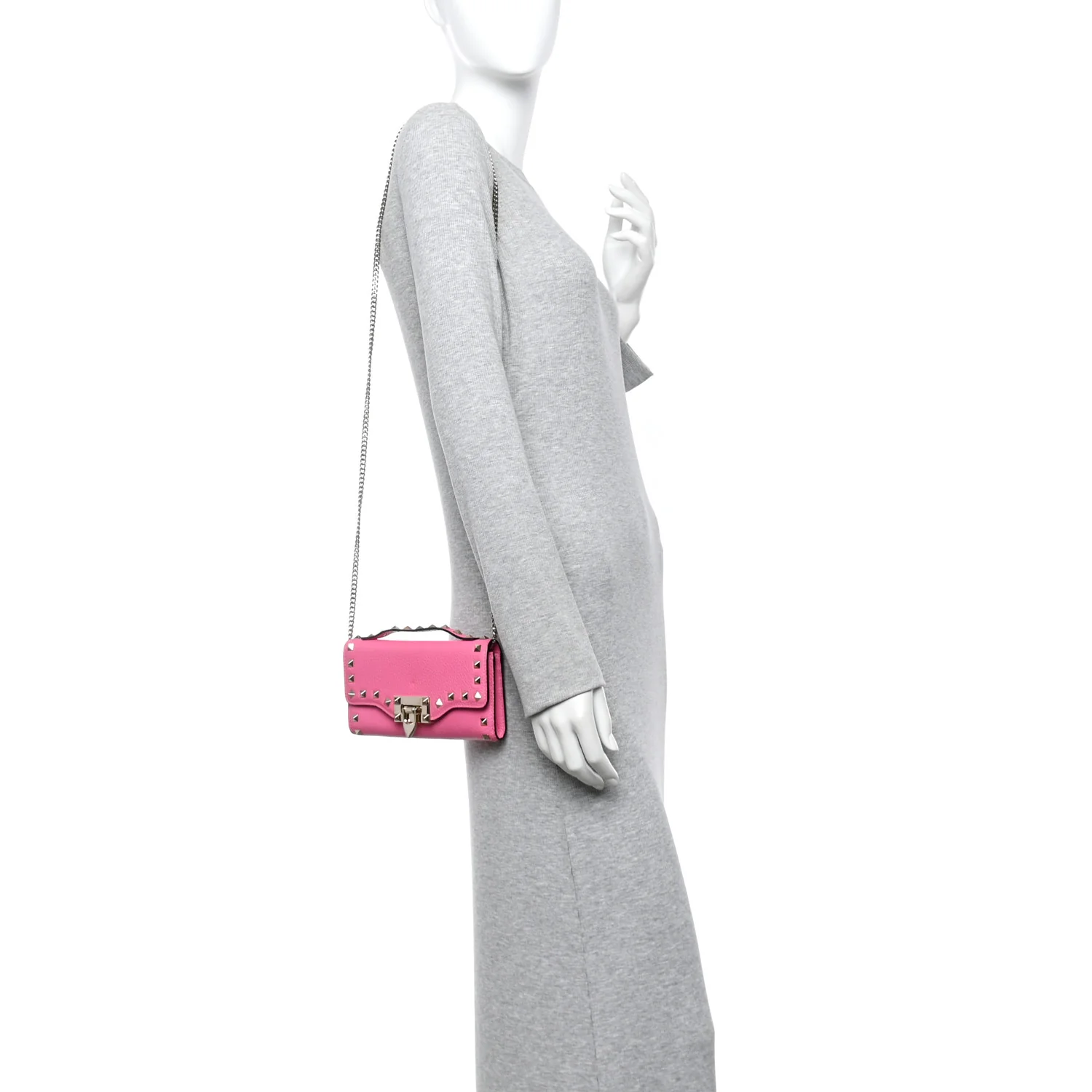 Pebbled Calfskin Rockstud Flip Lock Wallet On Chain Feminine Pink - Top Club
