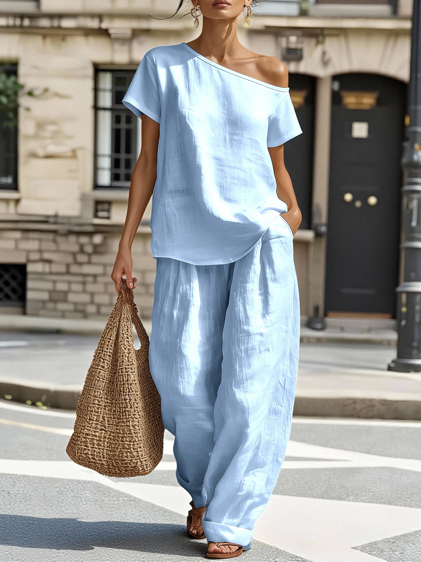 Women's Casual & Comfortable Minimalist-Style Two-Piece Set — Asymmetrical Shoulder Linen Outfit - Nordfashionstorm - Women's Clothing, Fashion for You - Nordfashionstorm.com