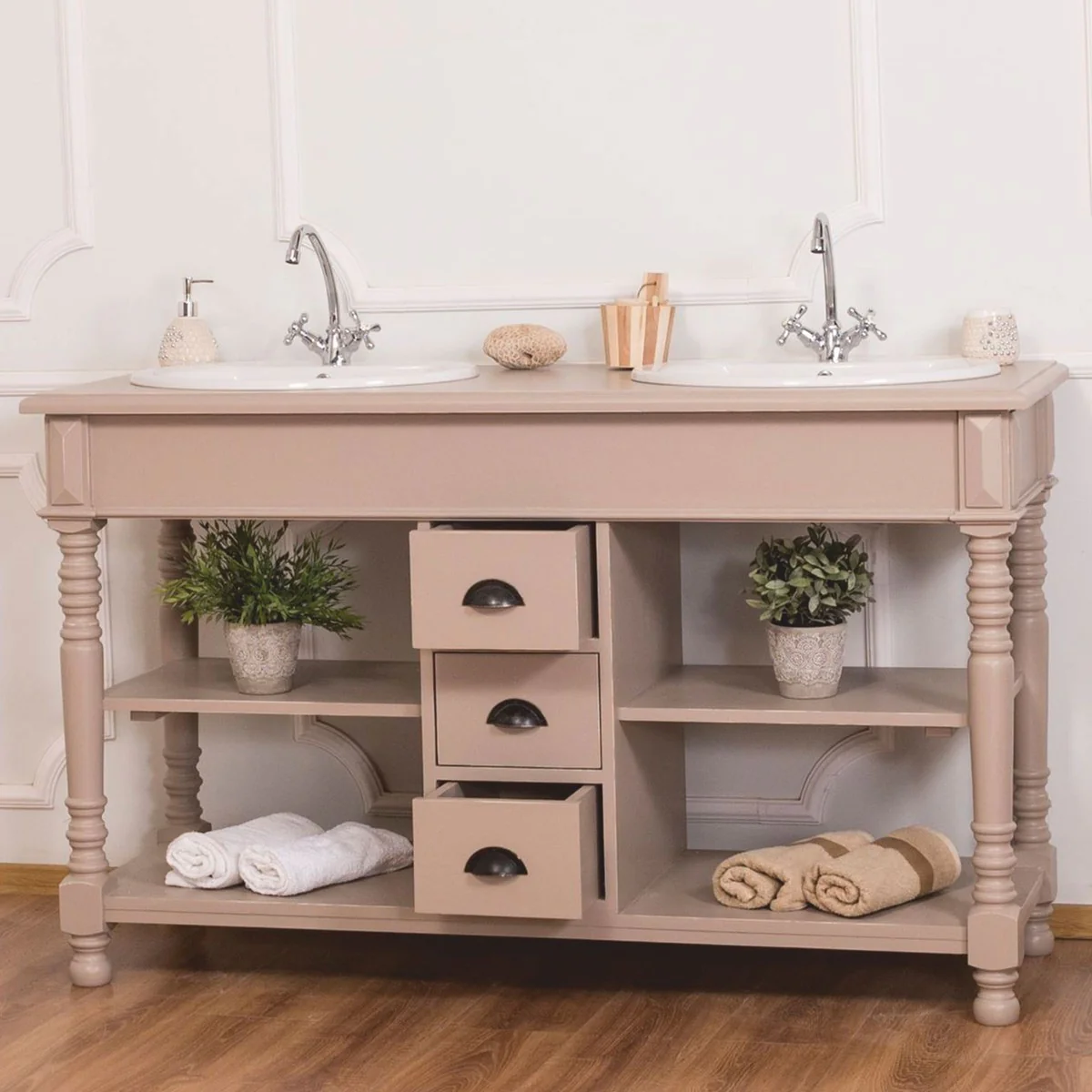 Country house style double washbasin with 2 wash basins light brown 150 cm