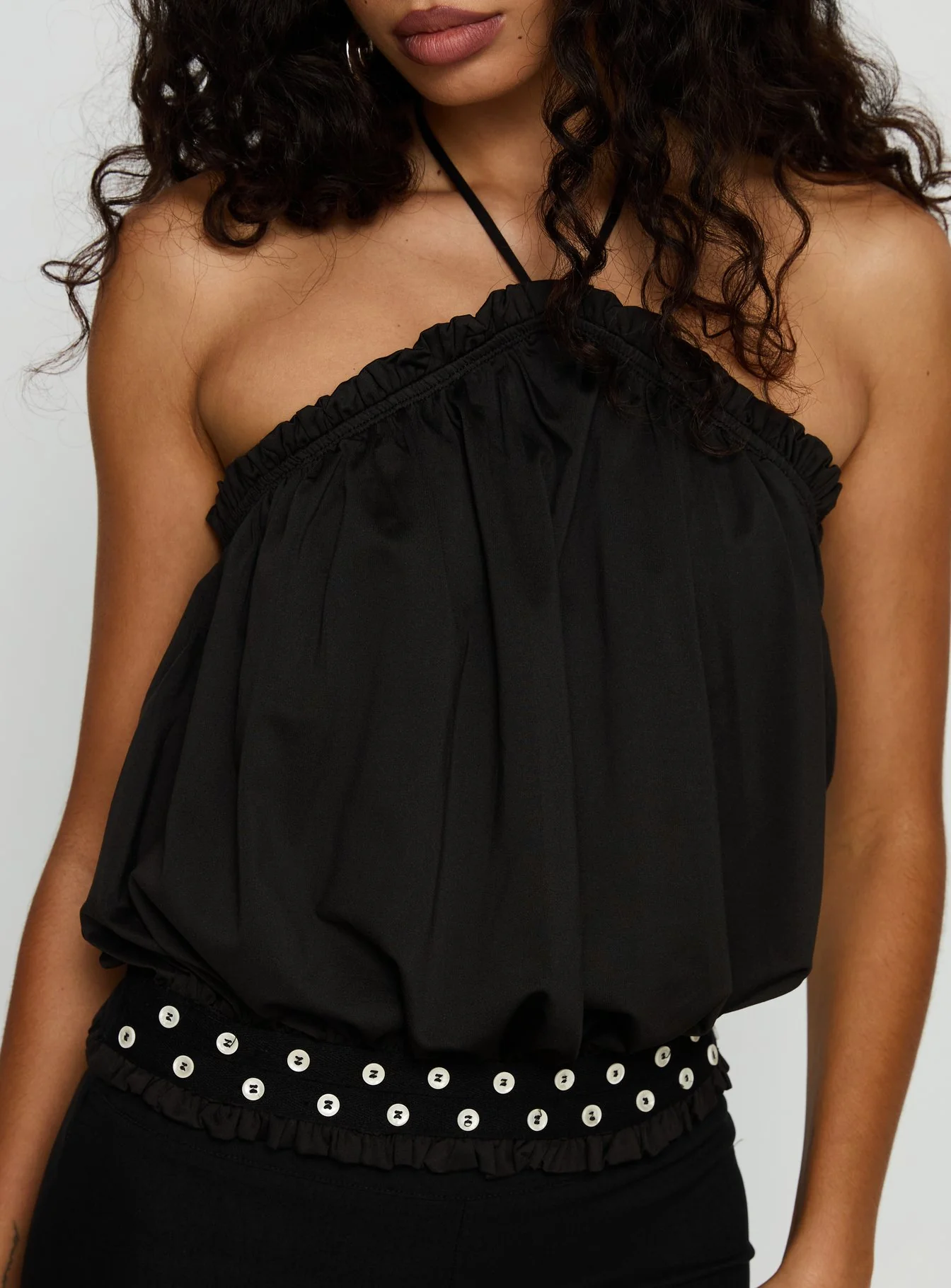 Mikki Tie Neck Button Detail Top Black