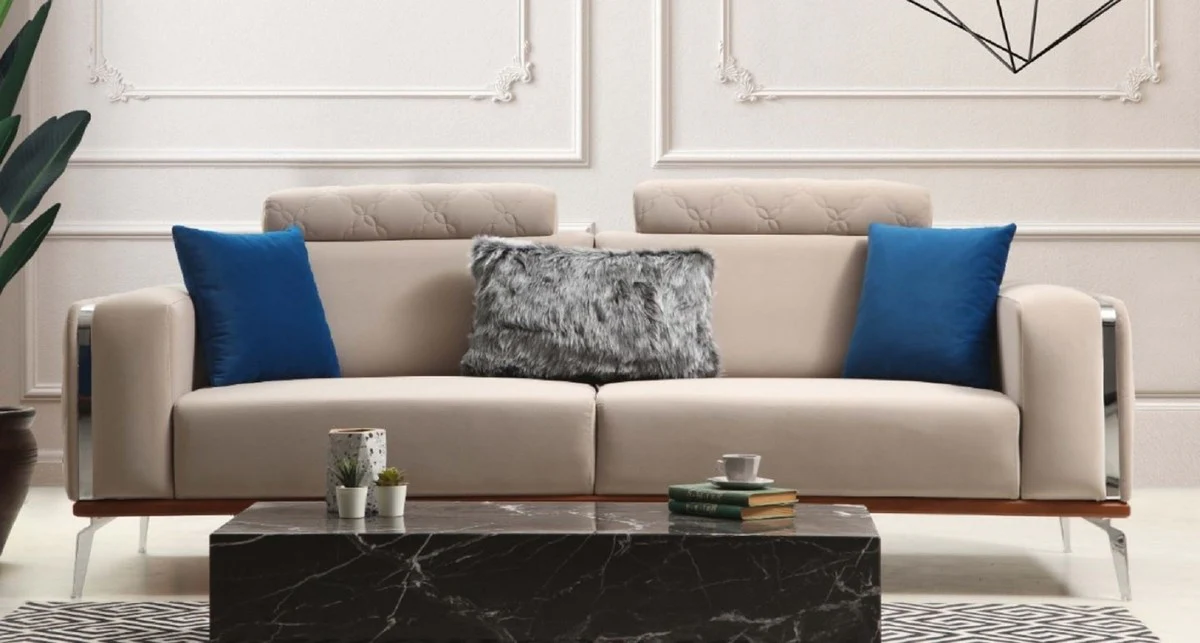 Luxury living room sofa with adjustable backrest beige / brown / silver 225 x 95 x H. 89 cm - luxury living room furniture