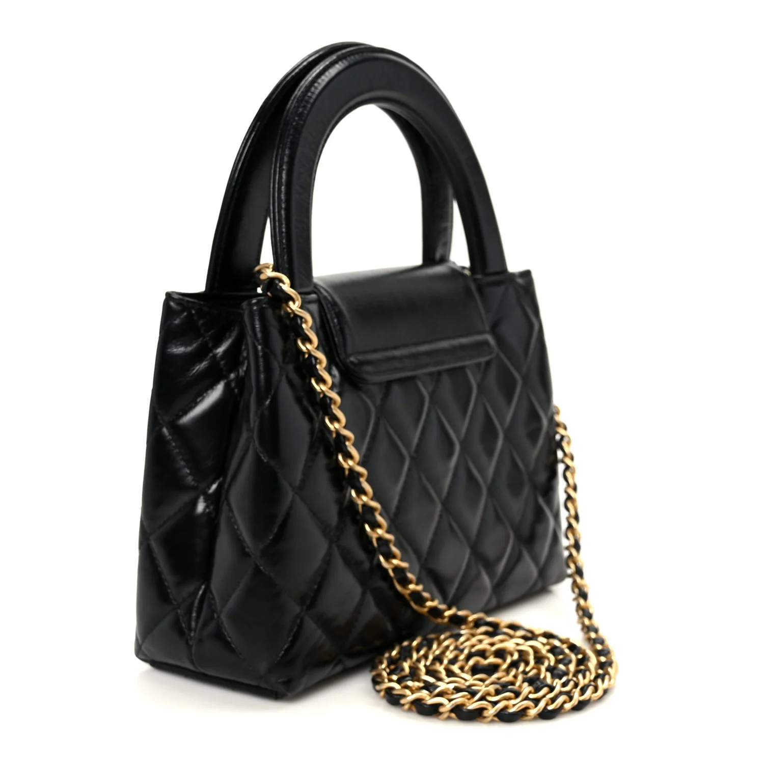 Shiny Aged Calfskin Quilted Nano Kelly Shopper Black - Top Club