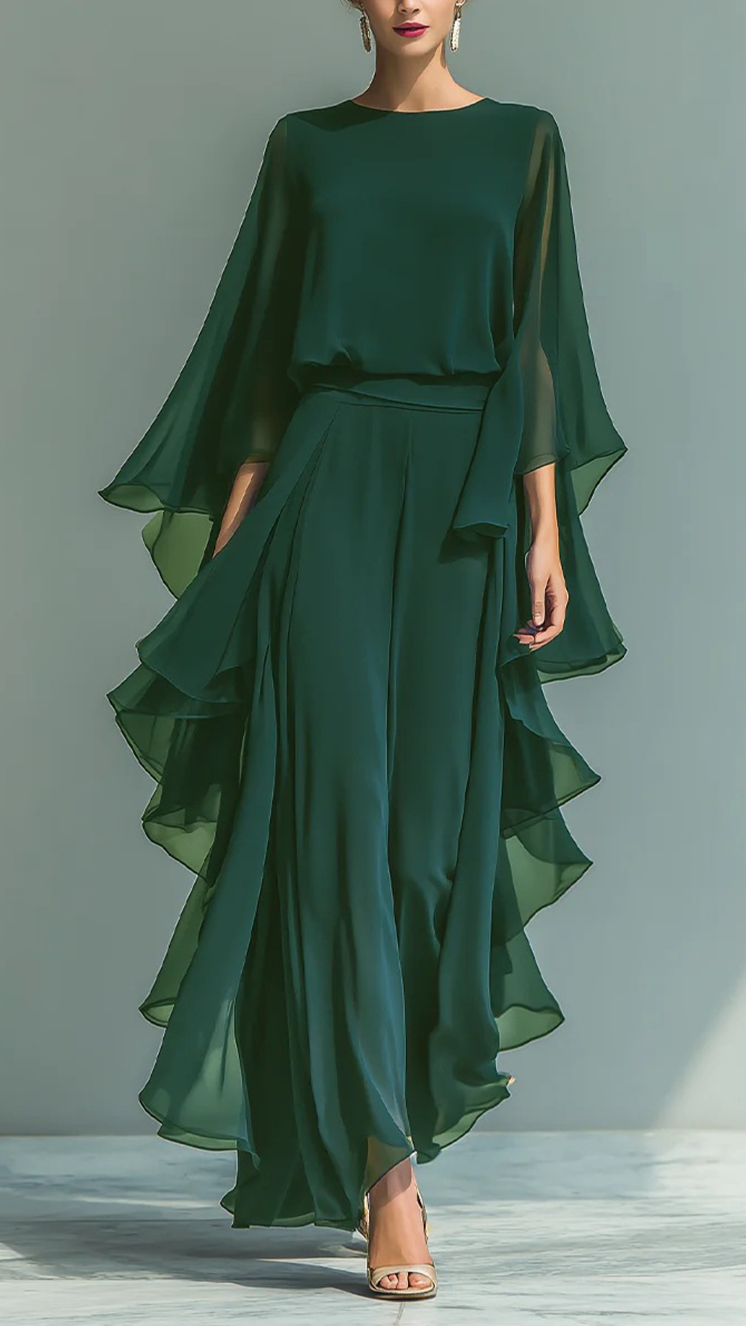 Chiffon Ruffled Bell Sleeve Straight Leg Trousers Set - Nordfashionstorm - Women's Clothing, Fashion for You - Nordfashionstorm.com
