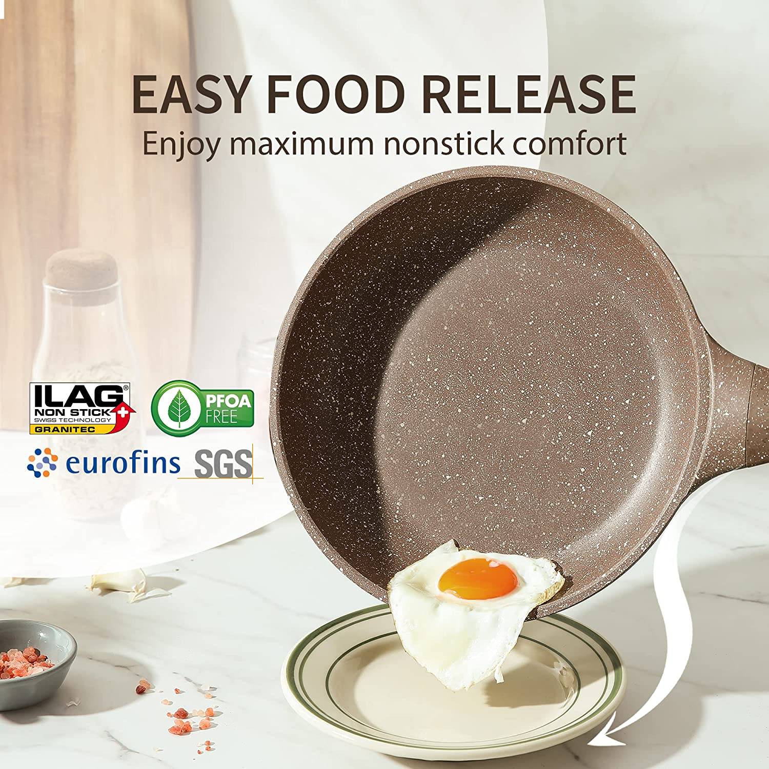 Non-Stick Cookware Set, 10 Piece Pots and Pans Set Non-Stick Healthy Non-Stick Induction Cookware Stone Kitchen Granite Cooking Set with Frying Pans and Pot, PFOS, PFOA Free (Brown Granite)
