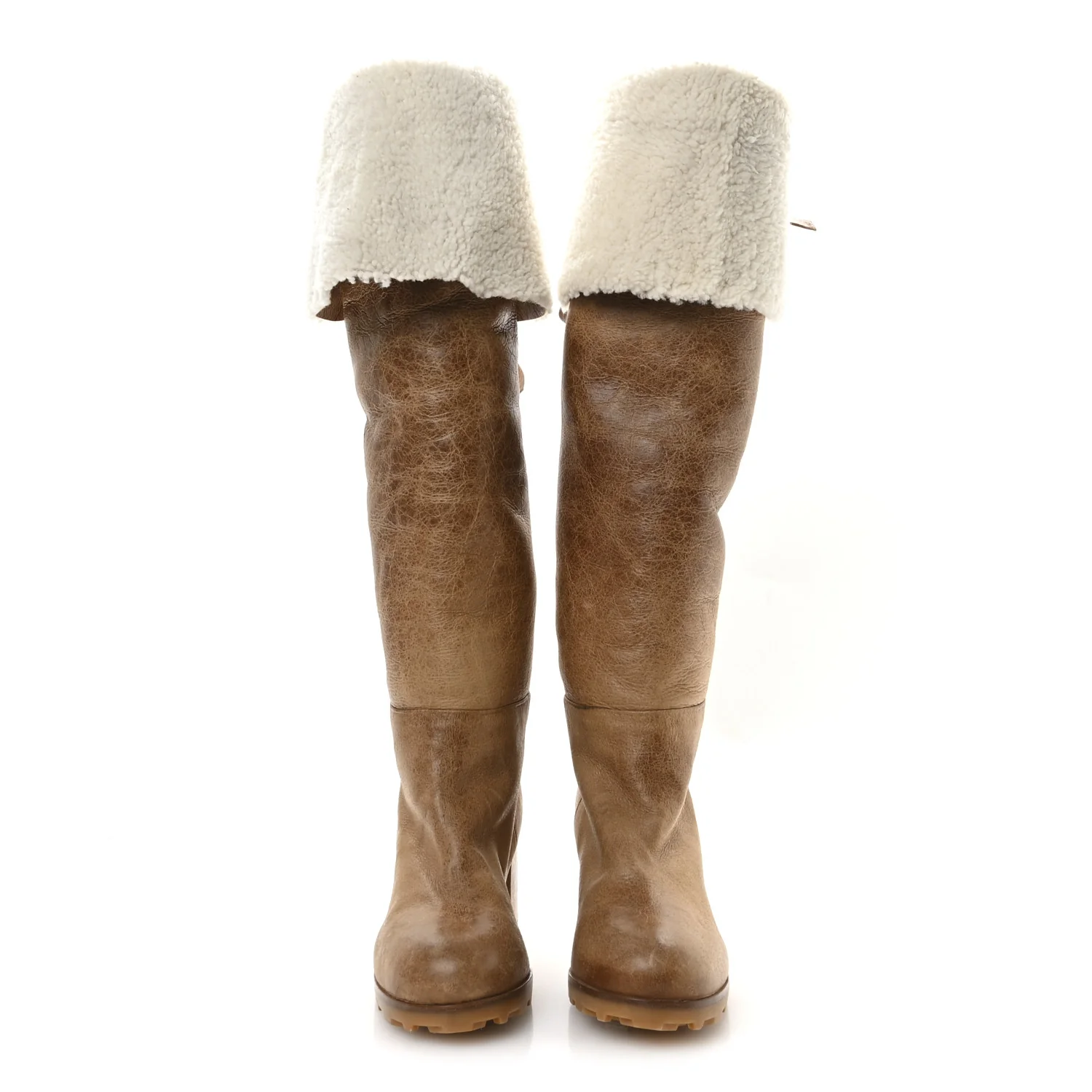 Shearling Calfskin Knee High Heel Boot 38.5 Brown - Top Club