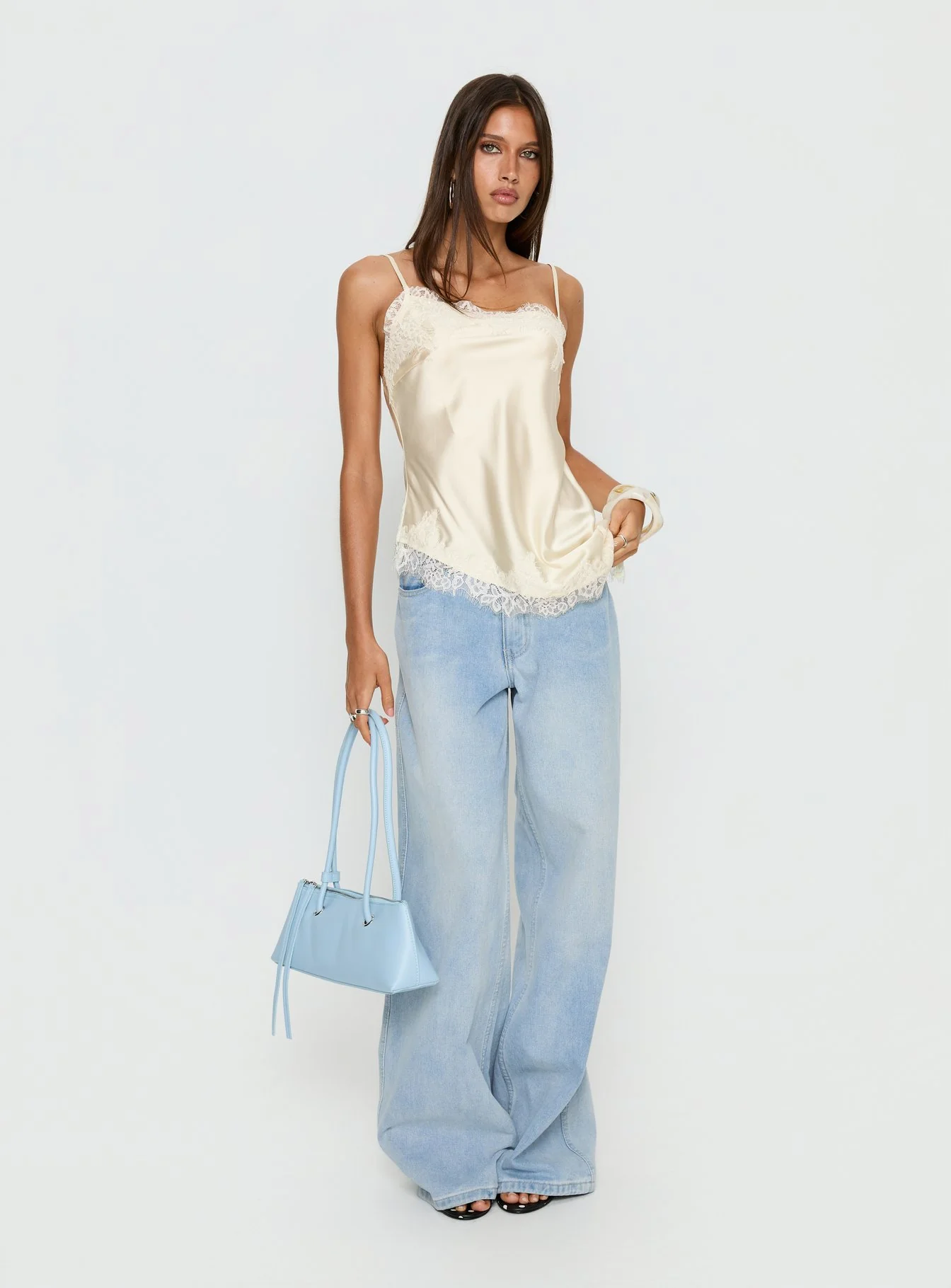 Winta Lace Trim Asymmetrical Satin Top Cream