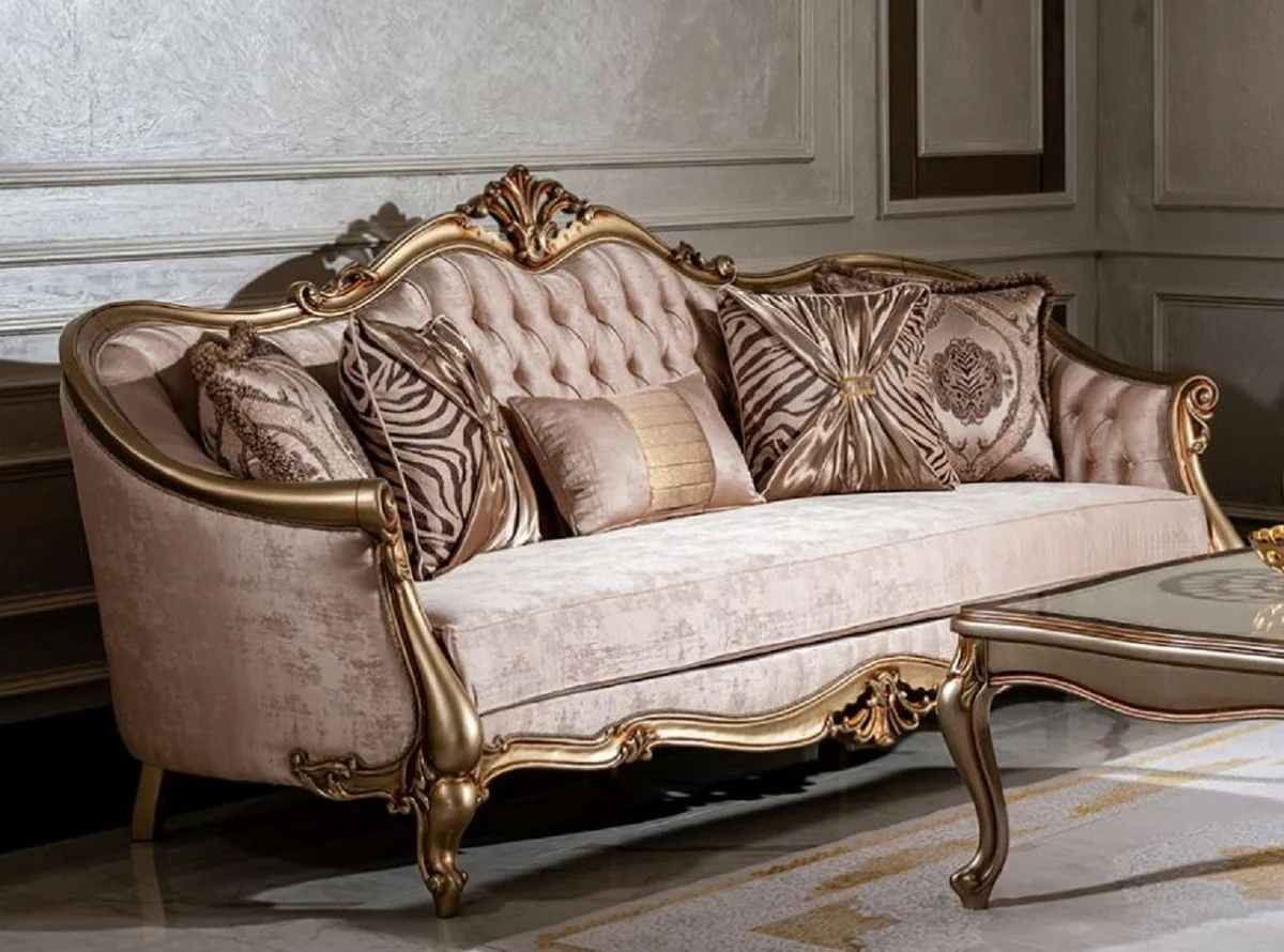 Luxury Baroque Sofa Pink / Gold - Handmade Living Room Sofa with Decorative Pillows - Living Room Furniture - Baroque Furniture
