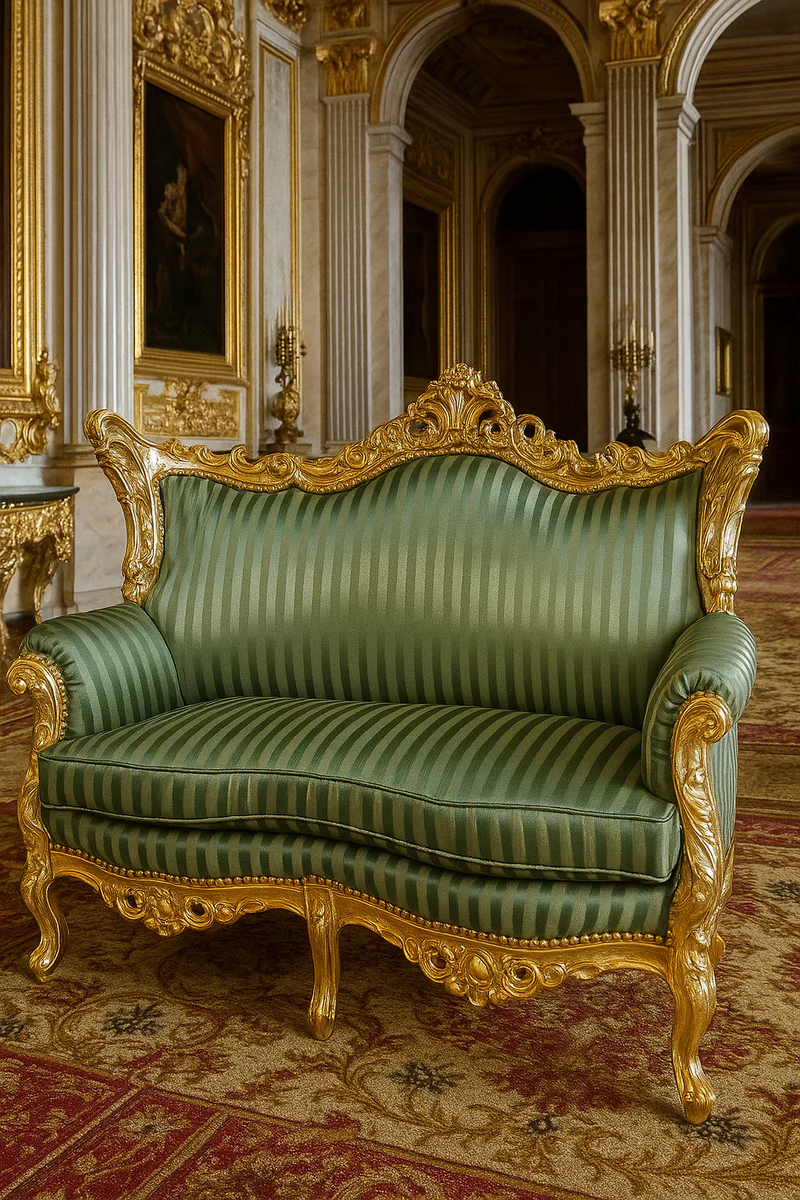 Baroque 2-seater sofa with stripes green / gold - striped living room sofa in baroque style - baroque living room furniture - noble and magnificent