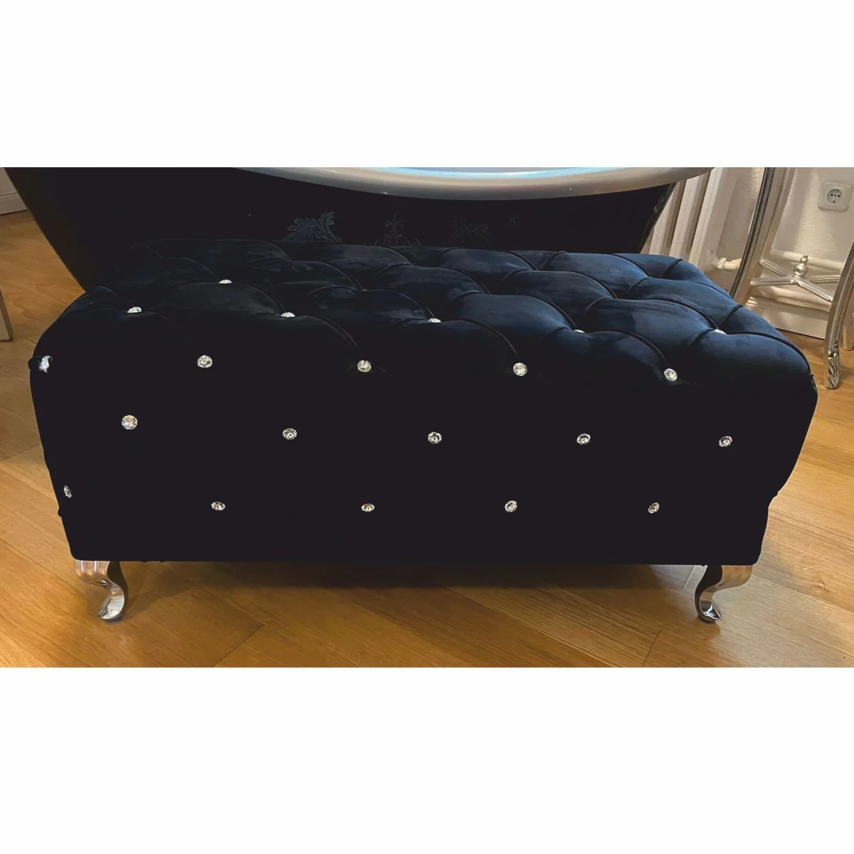 Baroque bench with glittering stones black / silver 100 cm - Baroque furniture