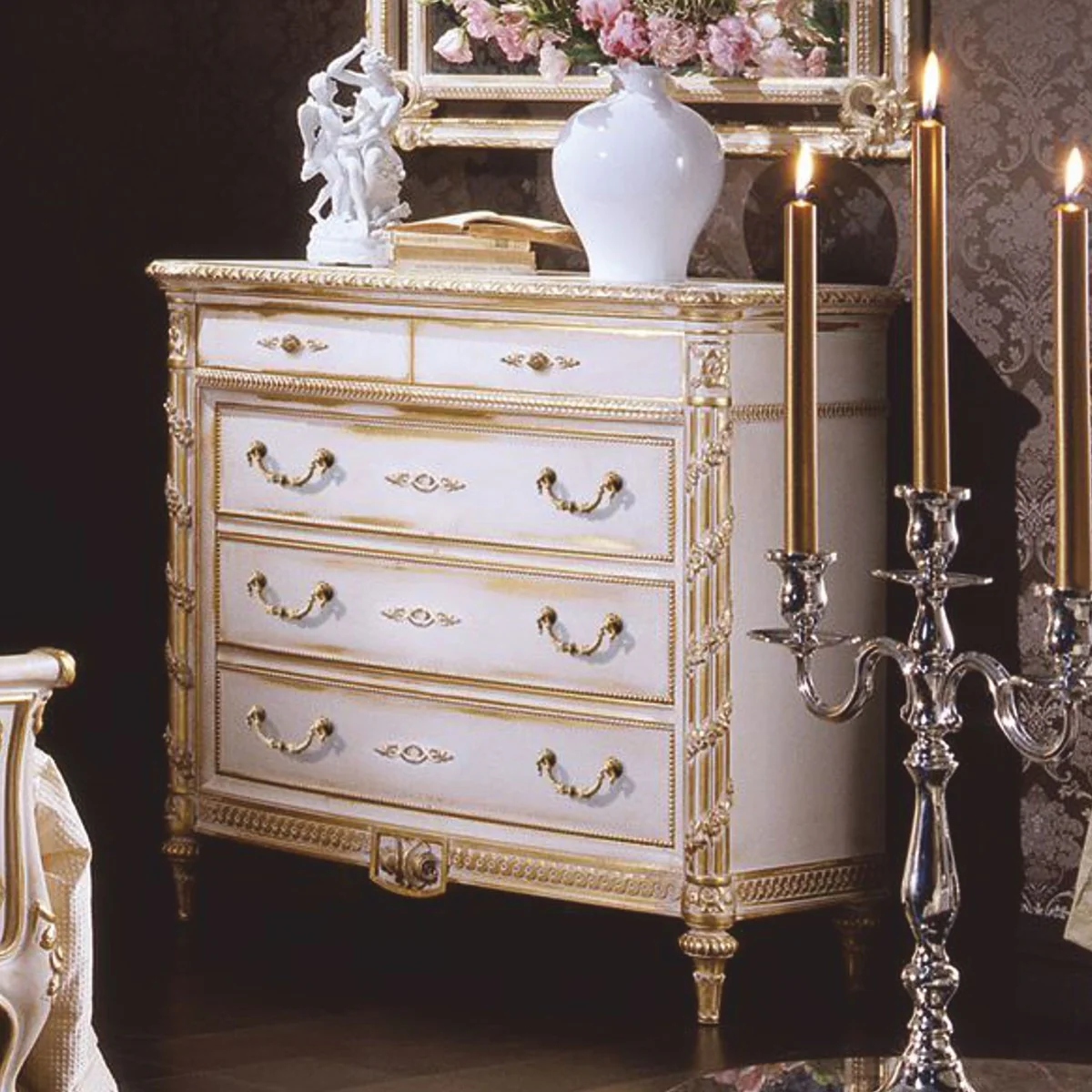 Luxury baroque chest of drawers with 5 drawers white / gold - Made in Italy