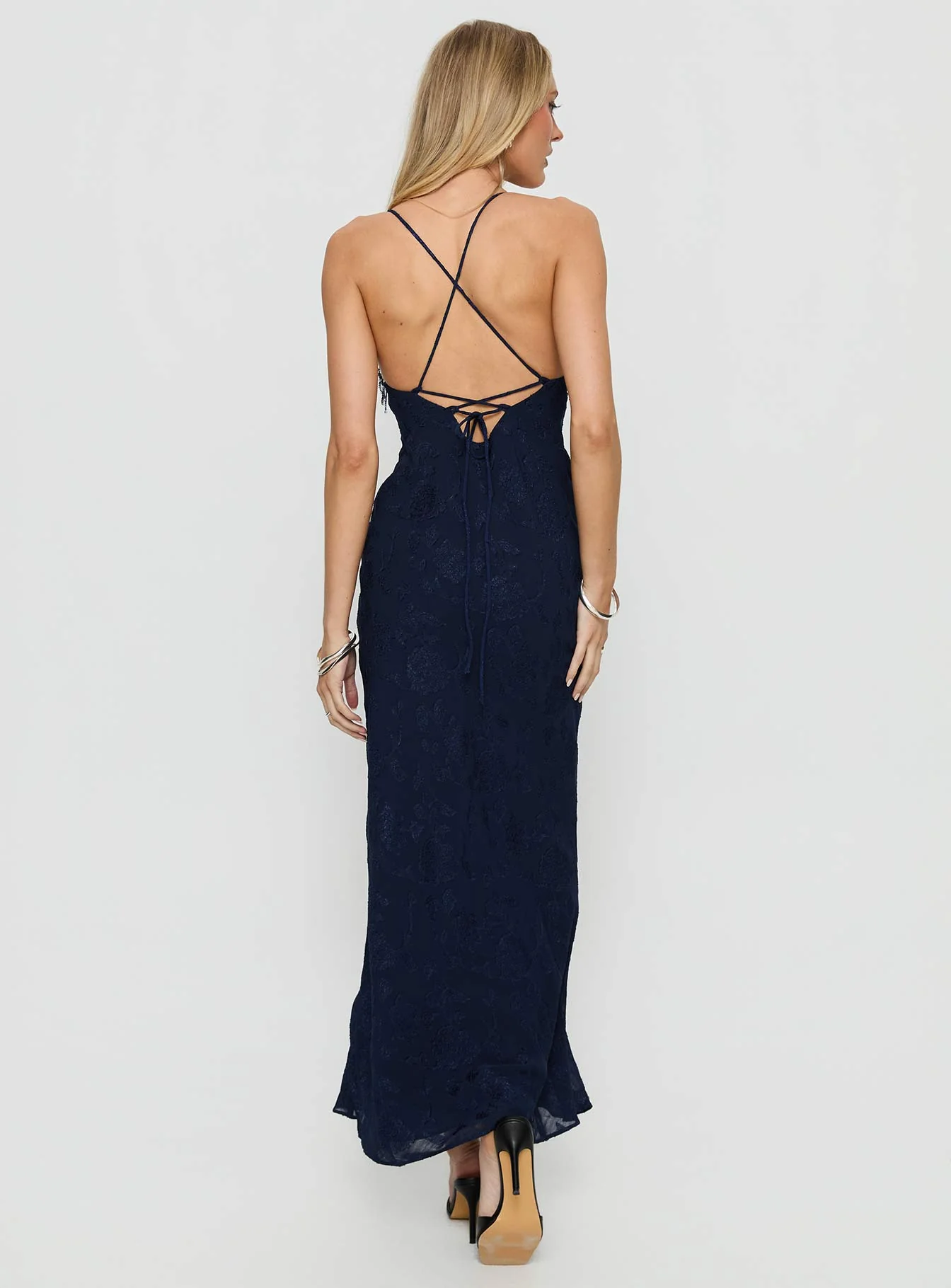 Alvera Fringe Beaded Maxi Dress Navy