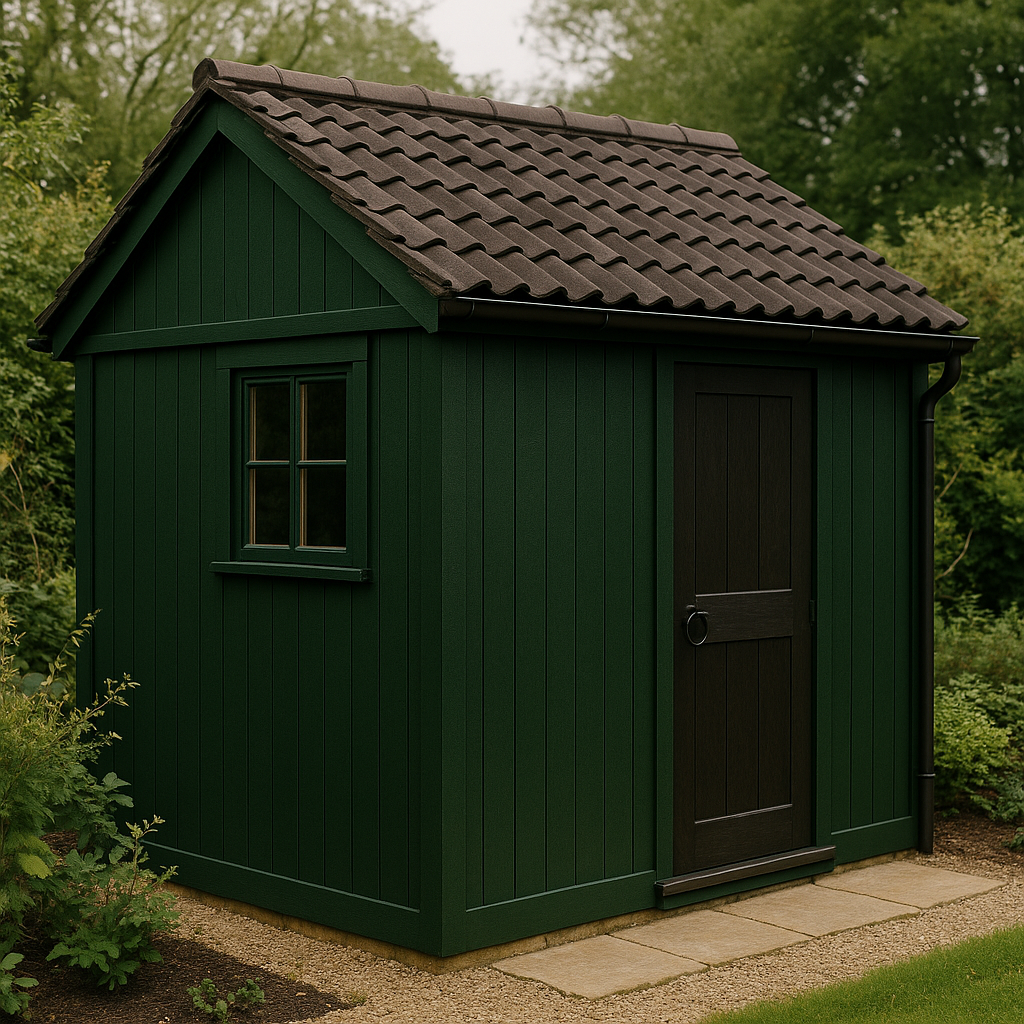 Wooden garden shed in dark green and brown, faux wood, for outdoor use, 250 × 210 × 260 cm
